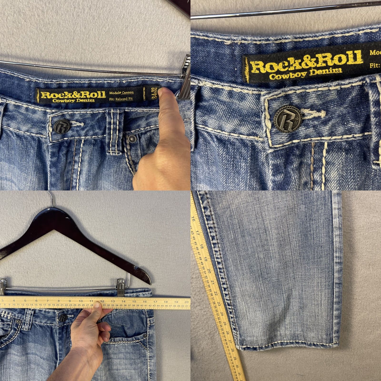 Denime Rock & Roll Cowboy Jeans 34x29 Mens Blue Denim Straight Relaxed Mid Rise 5-Pocket Denim Cotton Jeans Size US 34 / EU 50 - 8 Thumbnail