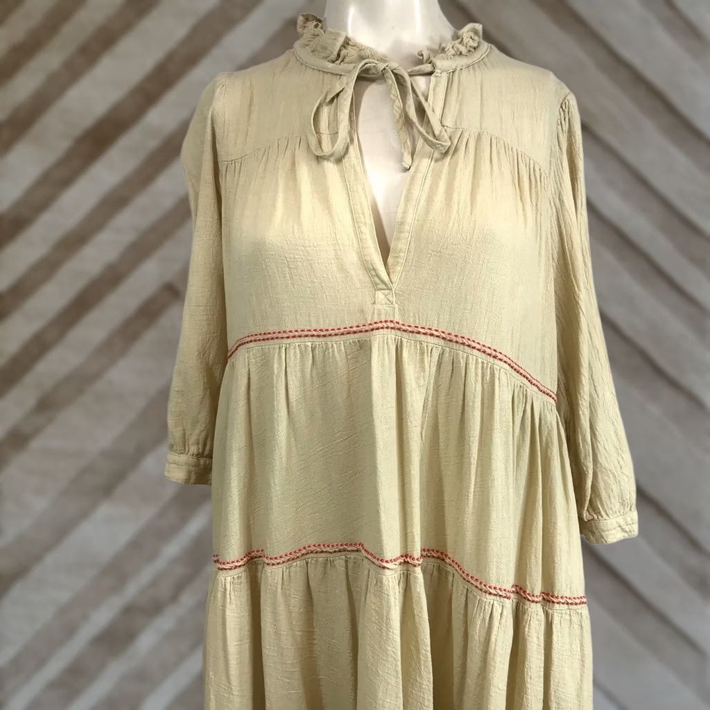 Vintage HONORINE Beige Tiered Maxi Dress Red Stitching Tie Neck Ruffle Collar XS Dress Size XS / US 0-2 / IT 36-38 - 1 Thumbnail