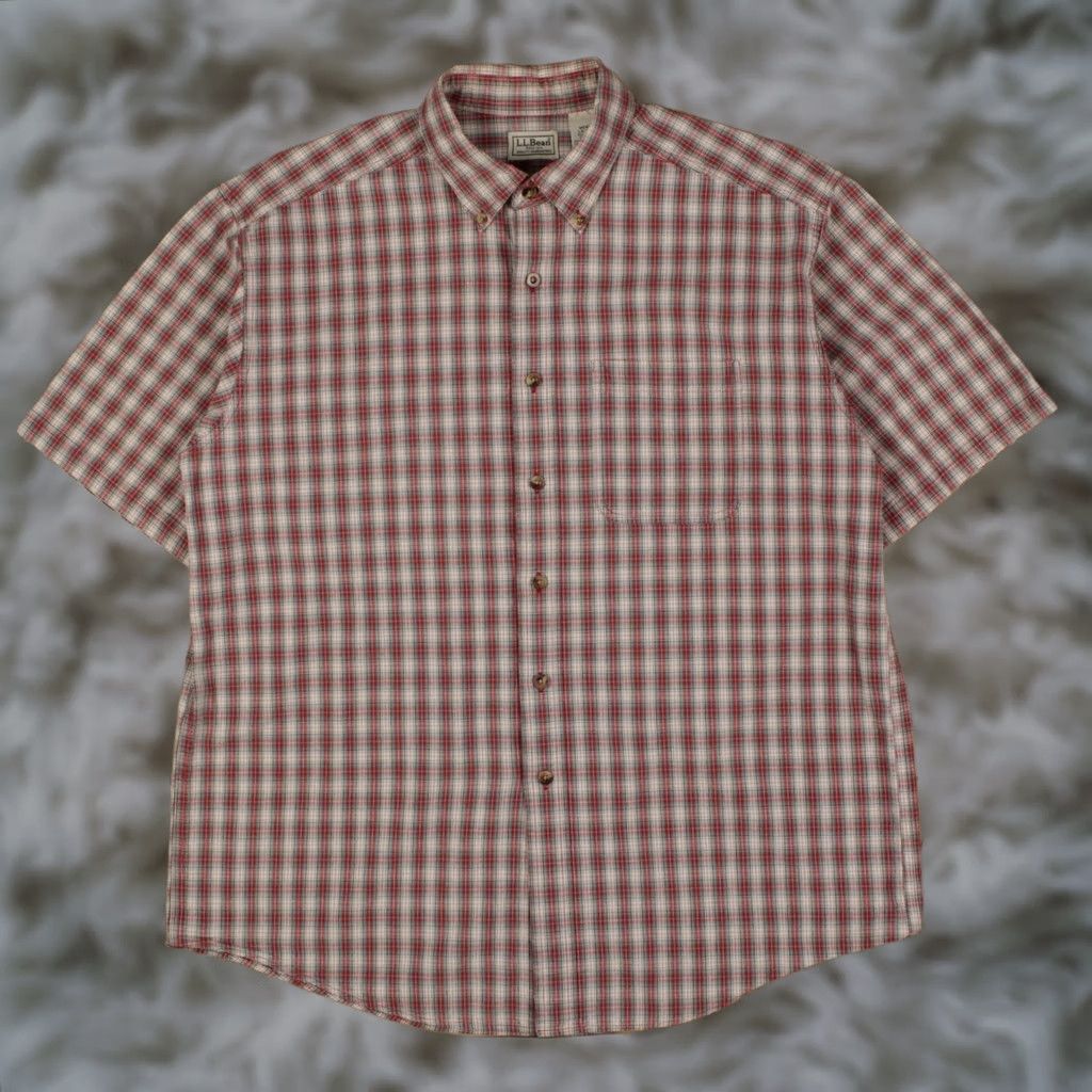 Vintage L.L. Bean Shirt L Mens Button Cotton Plaid Short Sleeve Up Outdoor Red, Men's