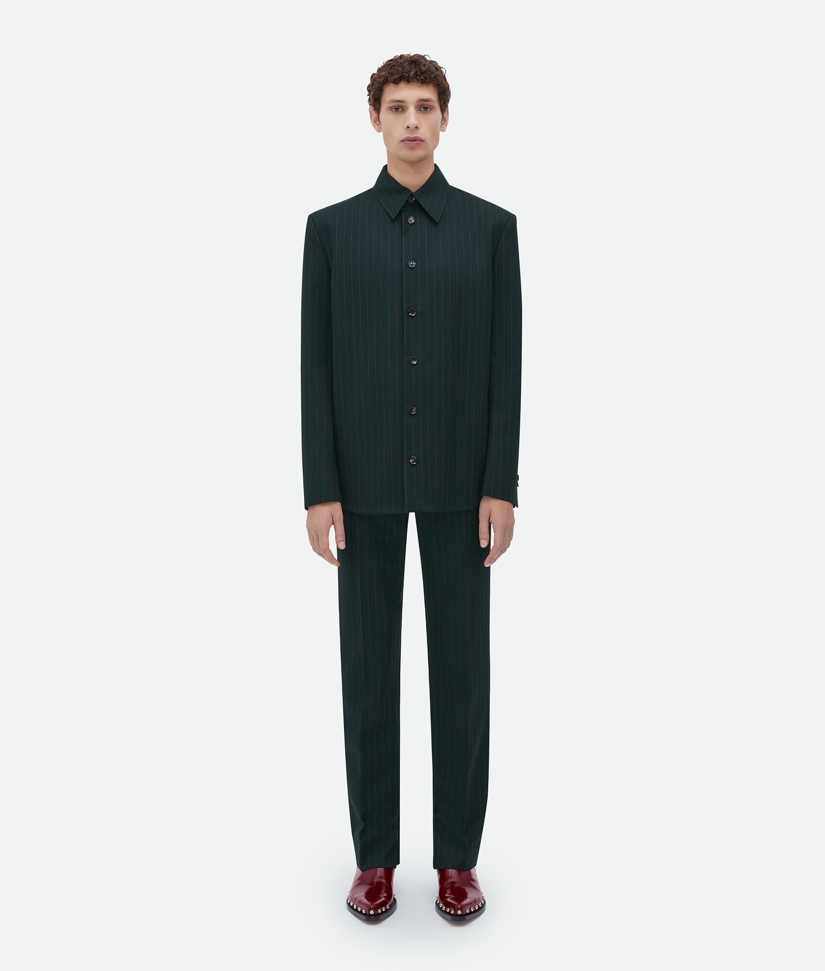 Bottega Veneta o1n1vont1224 Wool Pinstripe Shirt Jacket in Dark Green Size US M / EU 48-50 / 2 - 1 Thumbnail