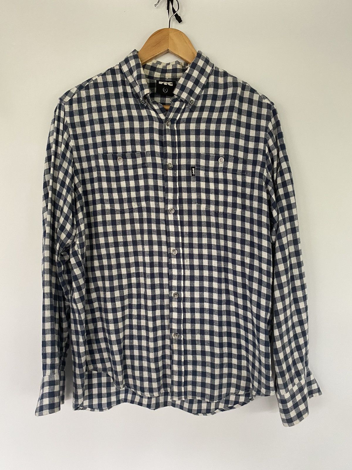 image of Ftc Flannel Shirt L Navy White Plaid Button Down Long Sleeve in Navy/White, Men's (Size Medium)
