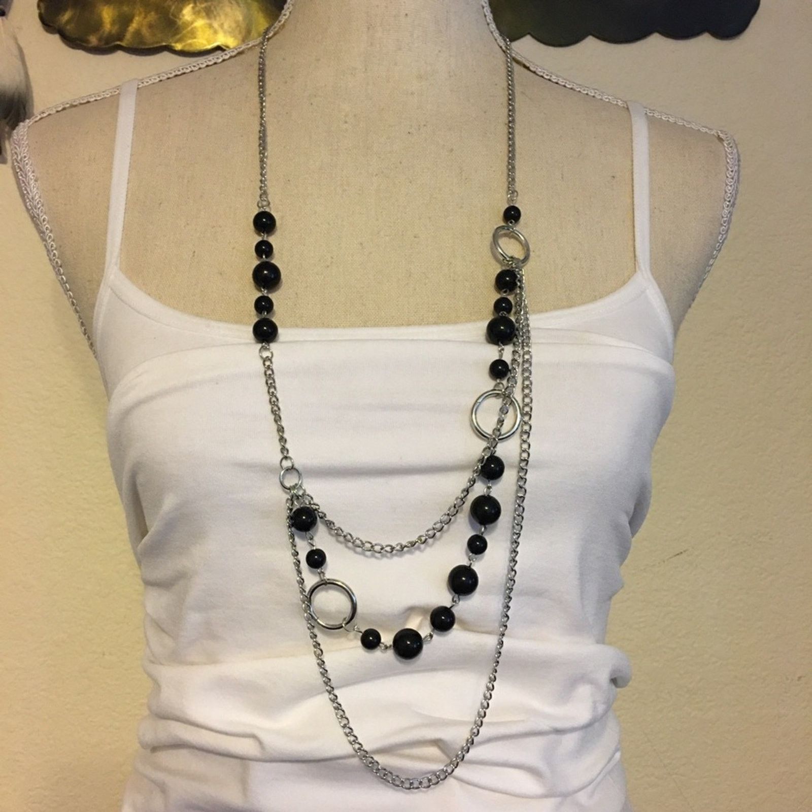 Jewelry Black Pearl Beads On Long Layered Silver Chain, Women's