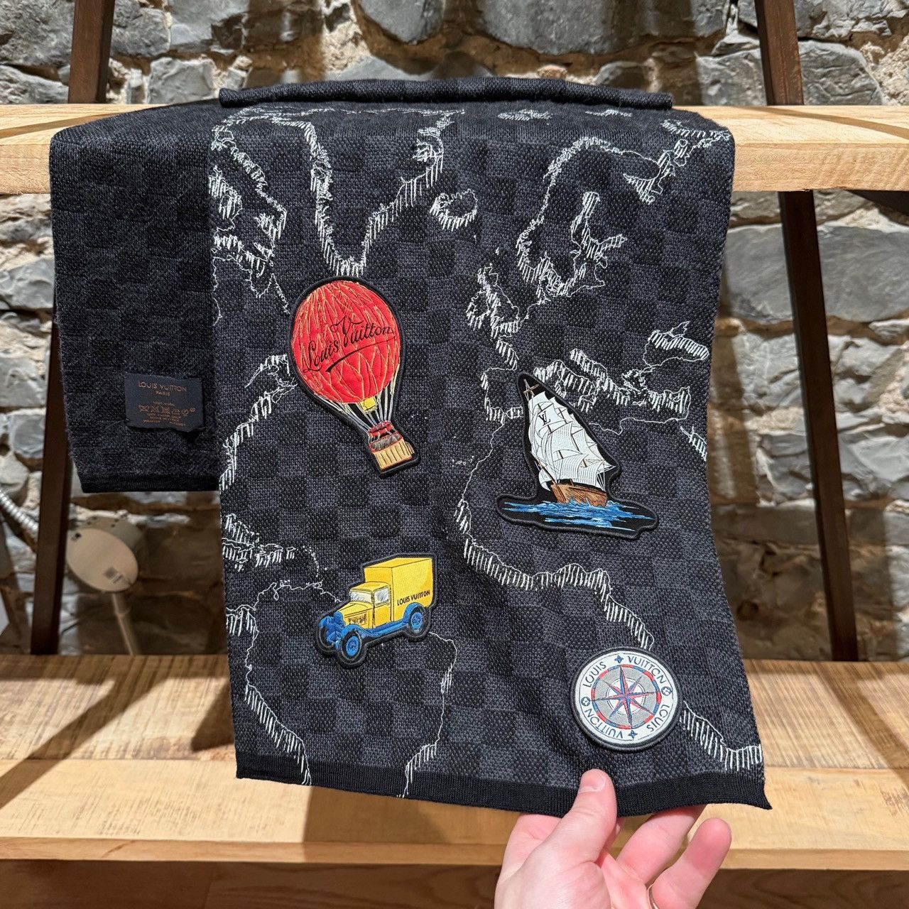 Louis Vuitton Louis Vuitton Black Damier Embroidered Patch Map Scarf Size ONE SIZE - 2 Thumbnail