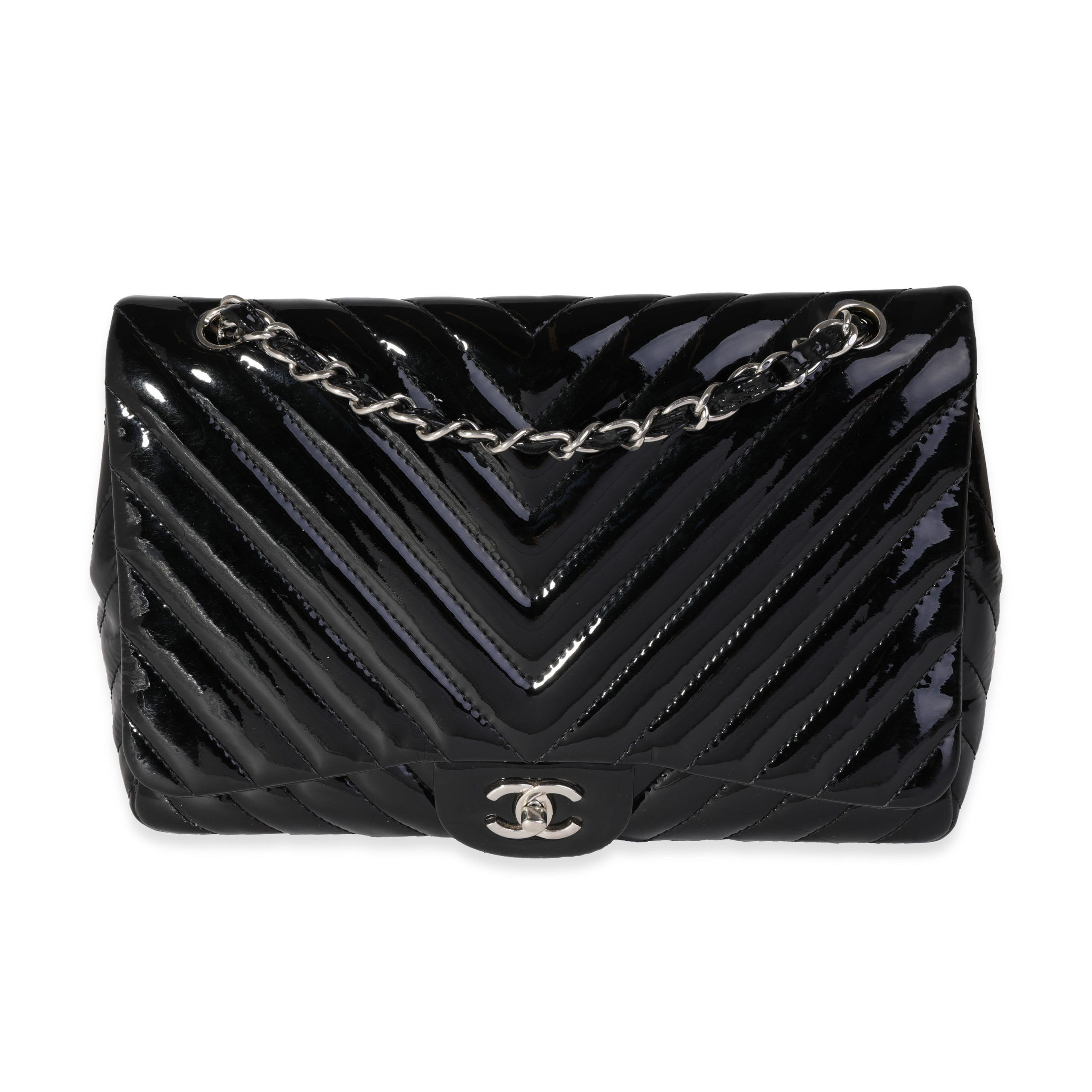 image of Chanel Black Chevron Quilted Patent Leather Jumbo Classic Single Flap Bag, Women's