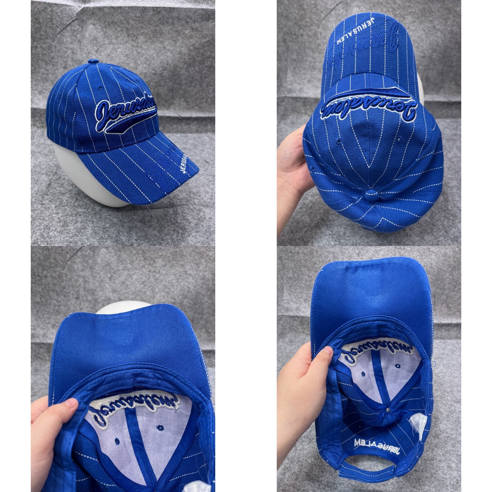 Vintage Jerusalem Hat Cap Strap Back Adult One Size Blue Pinstripe Cotton Poly Blend Size ONE SIZE - 8 Thumbnail
