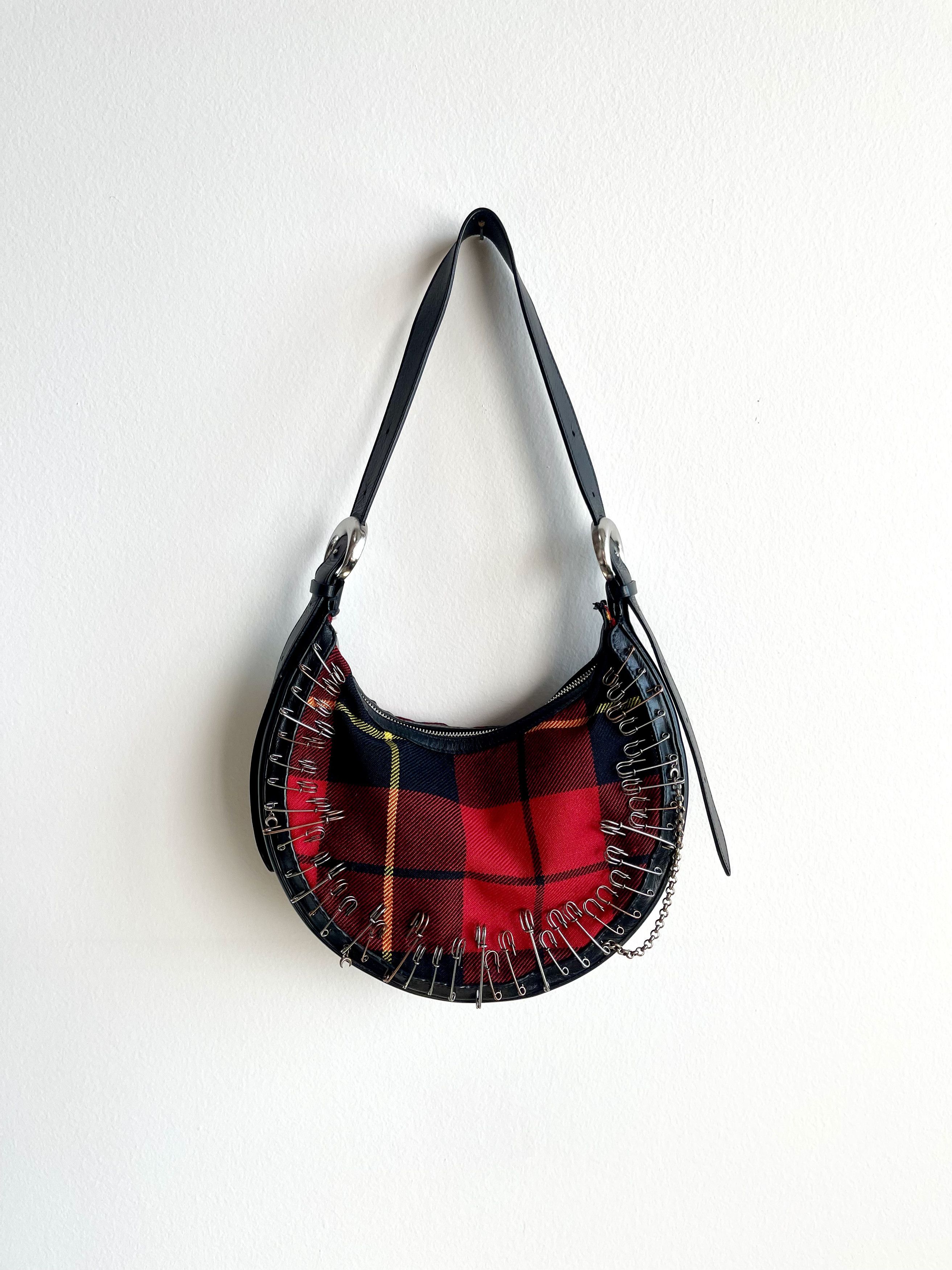 image of Marine Serre Crescent Moon Red Tartan Safety Pin Bag, Women's