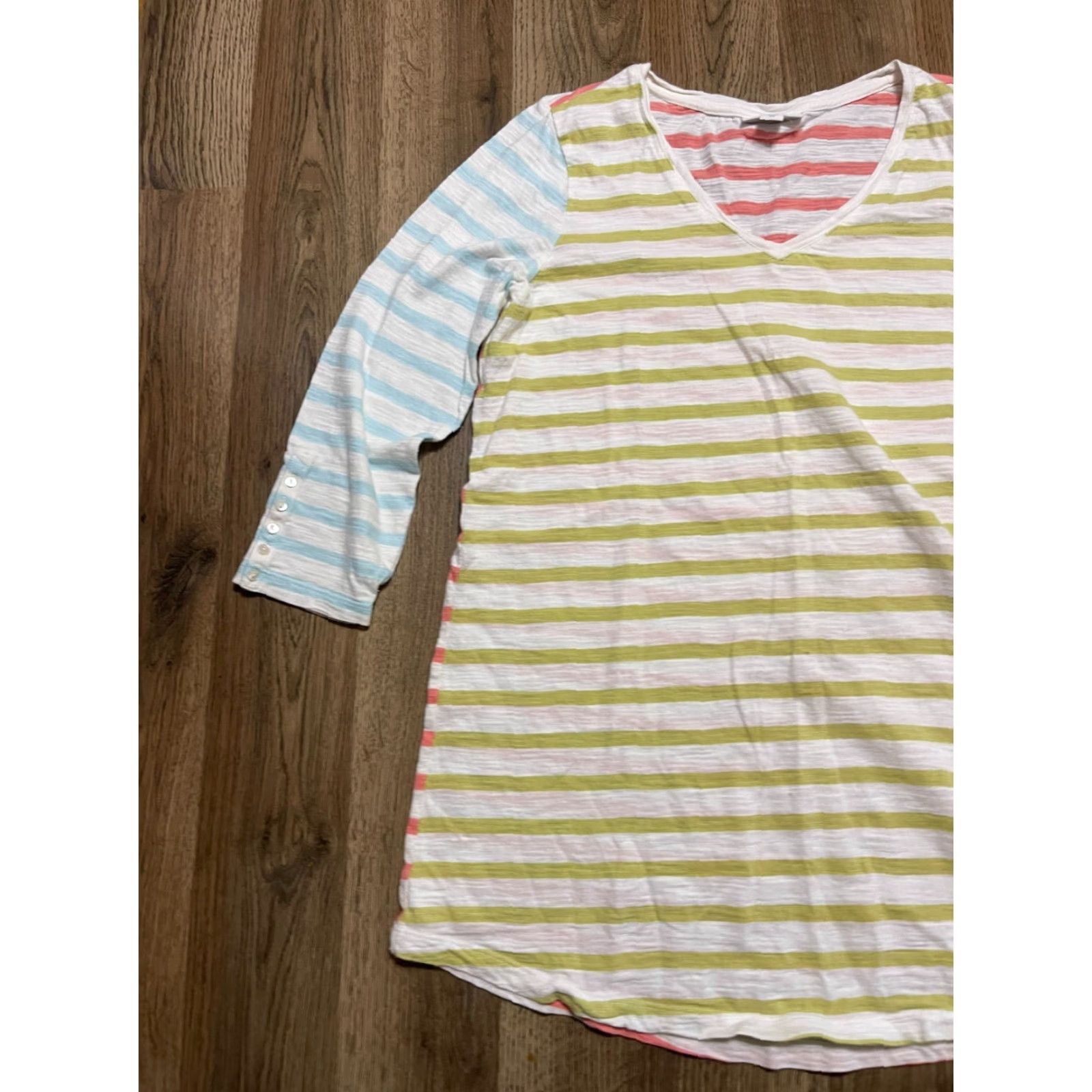 J. Jill J. Jill Shirt Womens XS Striped 3/4 Sleeve V-neck Multicolor Blue Green Pink White T-Shirt Casual Womens XS Size XS / US 0-2 / IT 36-38 - 3 Thumbnail
