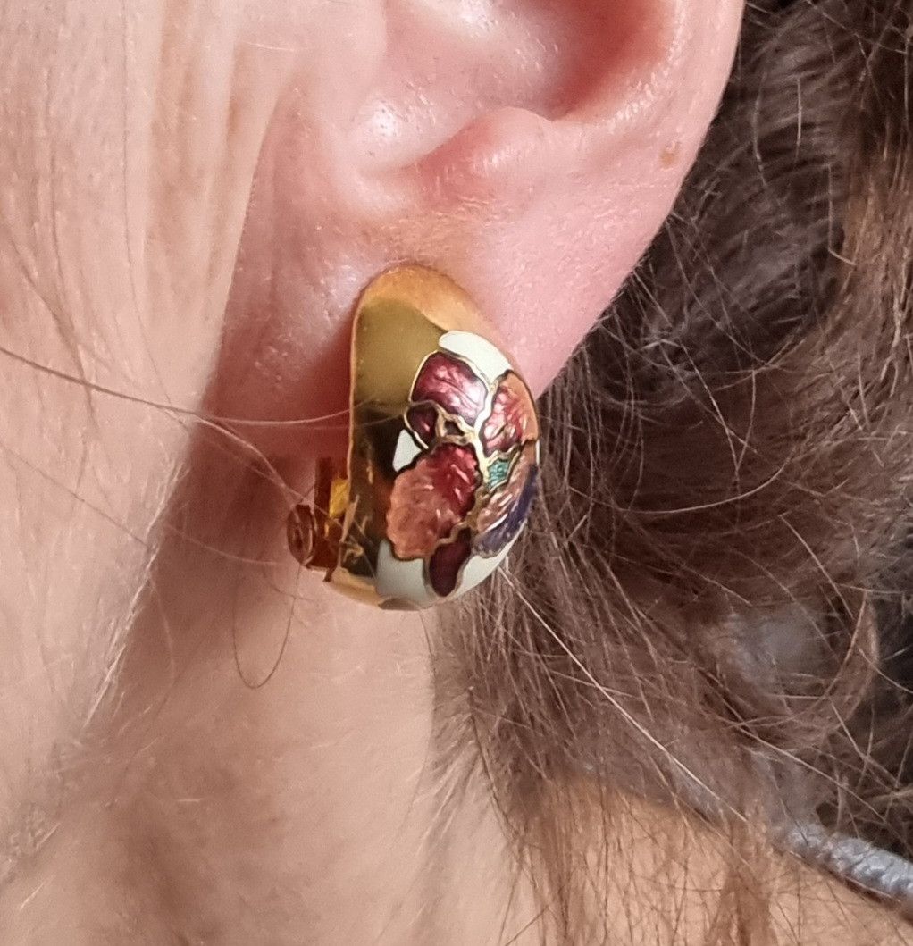 Vintage Vintage Flowers Earrings Cloisonne Clip-On Gold Tone Size ONE SIZE - 2 Thumbnail