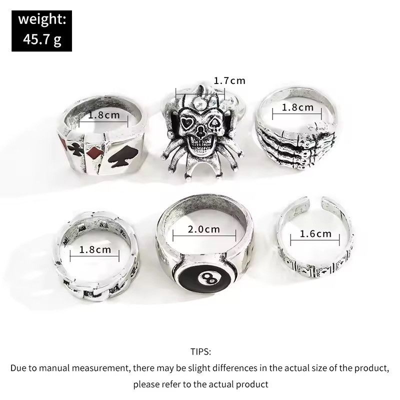 Jewelry 6 pieces Set Creative Skull Head Poker Bat Rings Size ONE SIZE - 3 Thumbnail