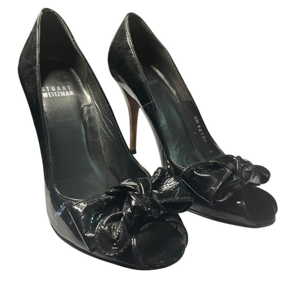 Stuart Weitzman Stuart Weitzman Black Bow Tie Patent Leather Peep Pumps 6.5 Size US 6.5 / IT 36.5 - 1 Thumbnail