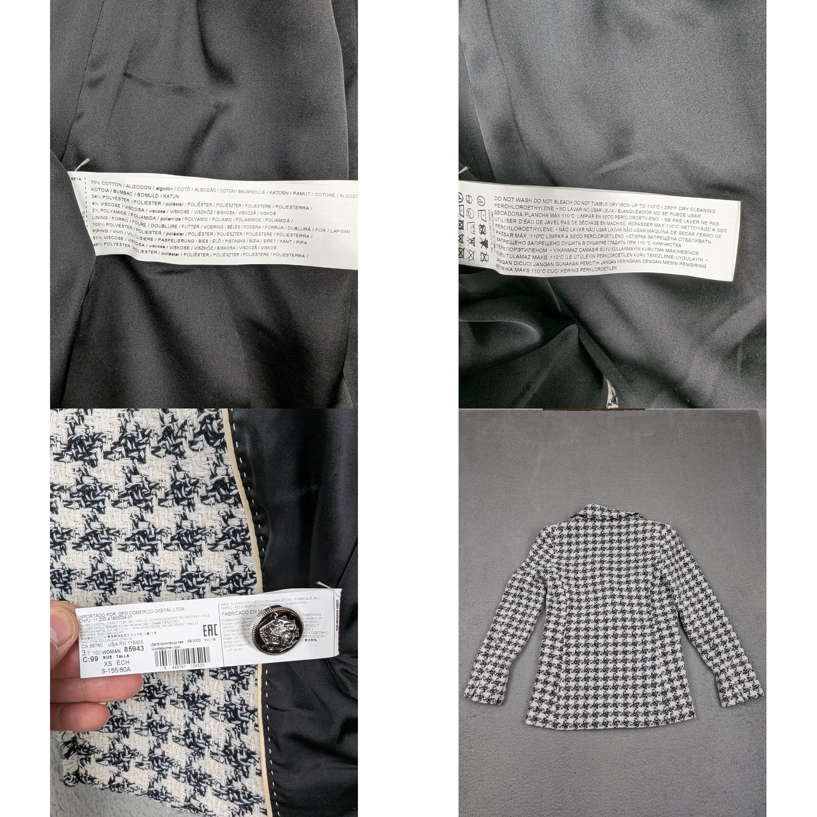 Mango MNG Blazer Womens XS Black White Tweed Houndstooth Double-Breasted Jacket Size XS / US 0-2 / IT 36-38 - 8 Thumbnail