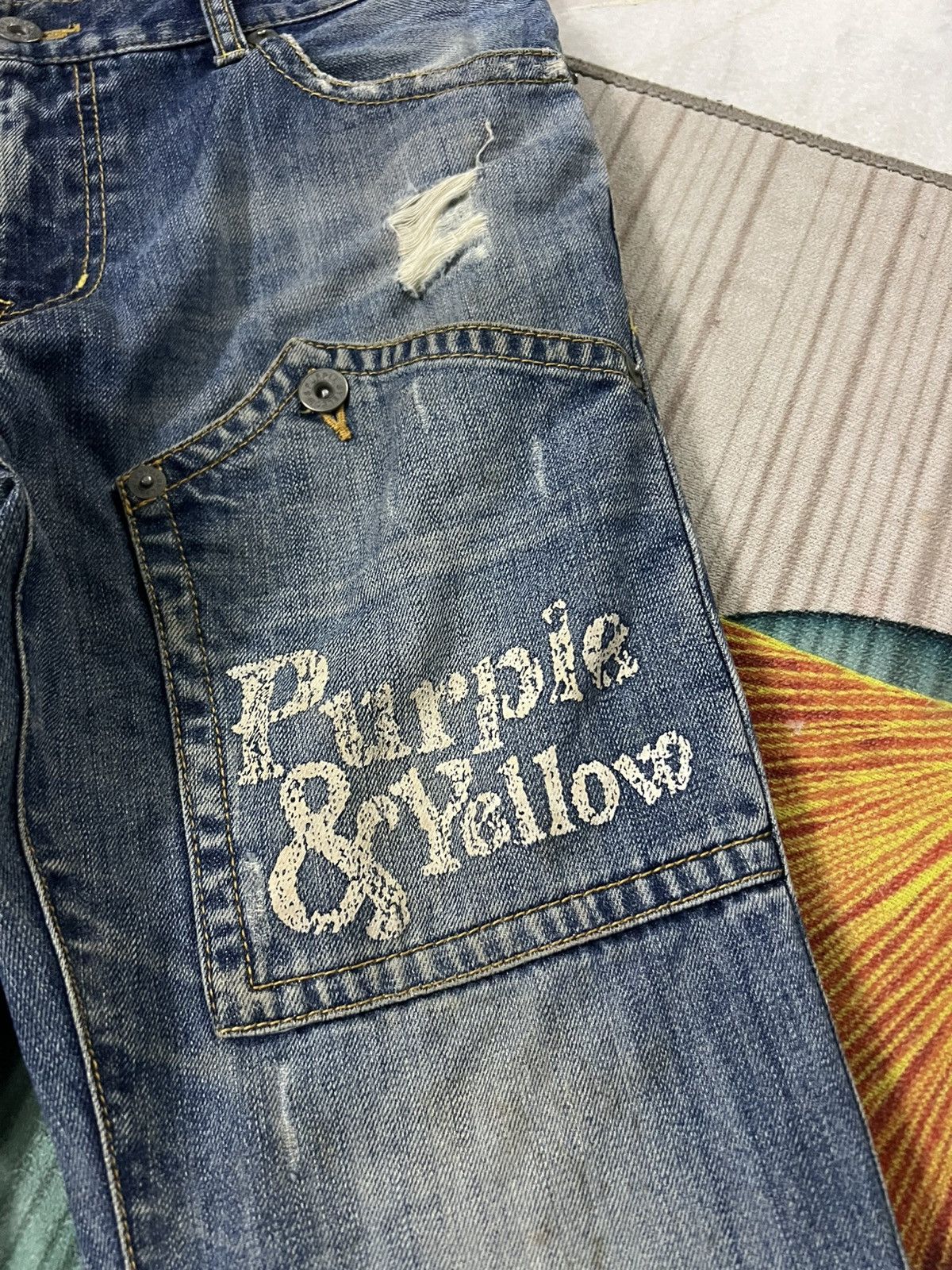 Japanese Brand 💥Twist Leg💥Purple & Yellow Distress Backle Back Flare Jean Size US 31 - 11 Thumbnail