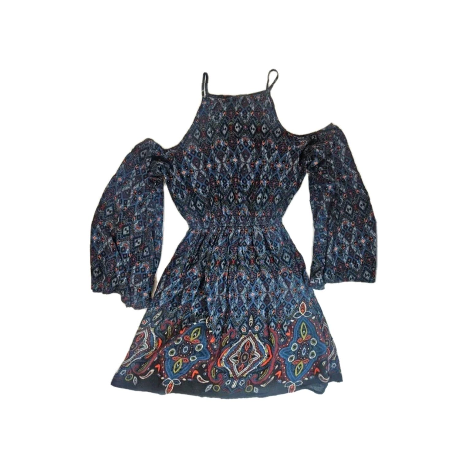Abercrombie & Fitch Abercrombie & Fitch Dress Medium Blue Paisley Cold Shoulder Long Sleeve Dress Size M / US 6-8 / IT 42-44 - 2 Thumbnail