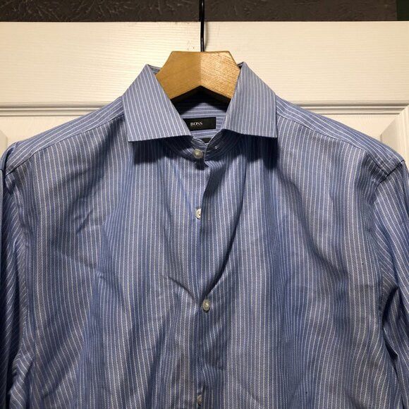 Hugo Boss Hugo boss mens blue striped cotton dress shirt size:17/32-33 Size US XL / EU 56 / 4 - 4 Thumbnail