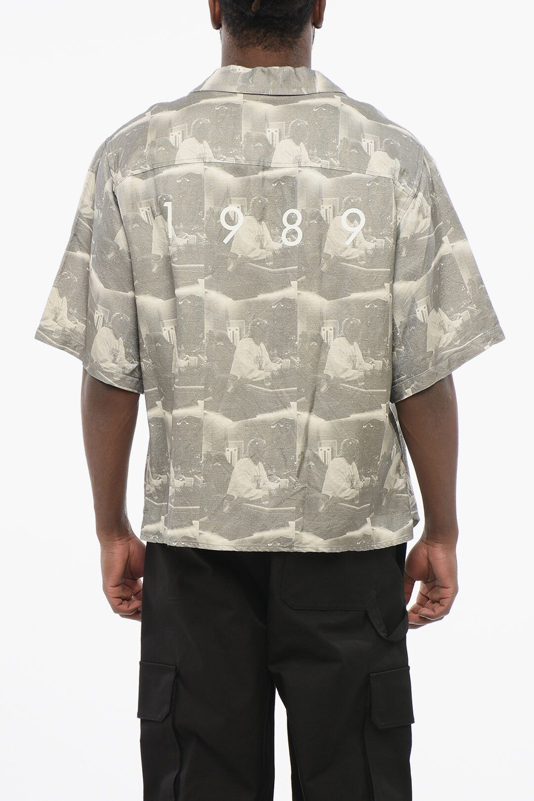 1989 STUDIO og1mm0725 Printed Linen Blend Bowling Shirt in Grey Size US M / EU 48-50 / 2 - 2 Thumbnail