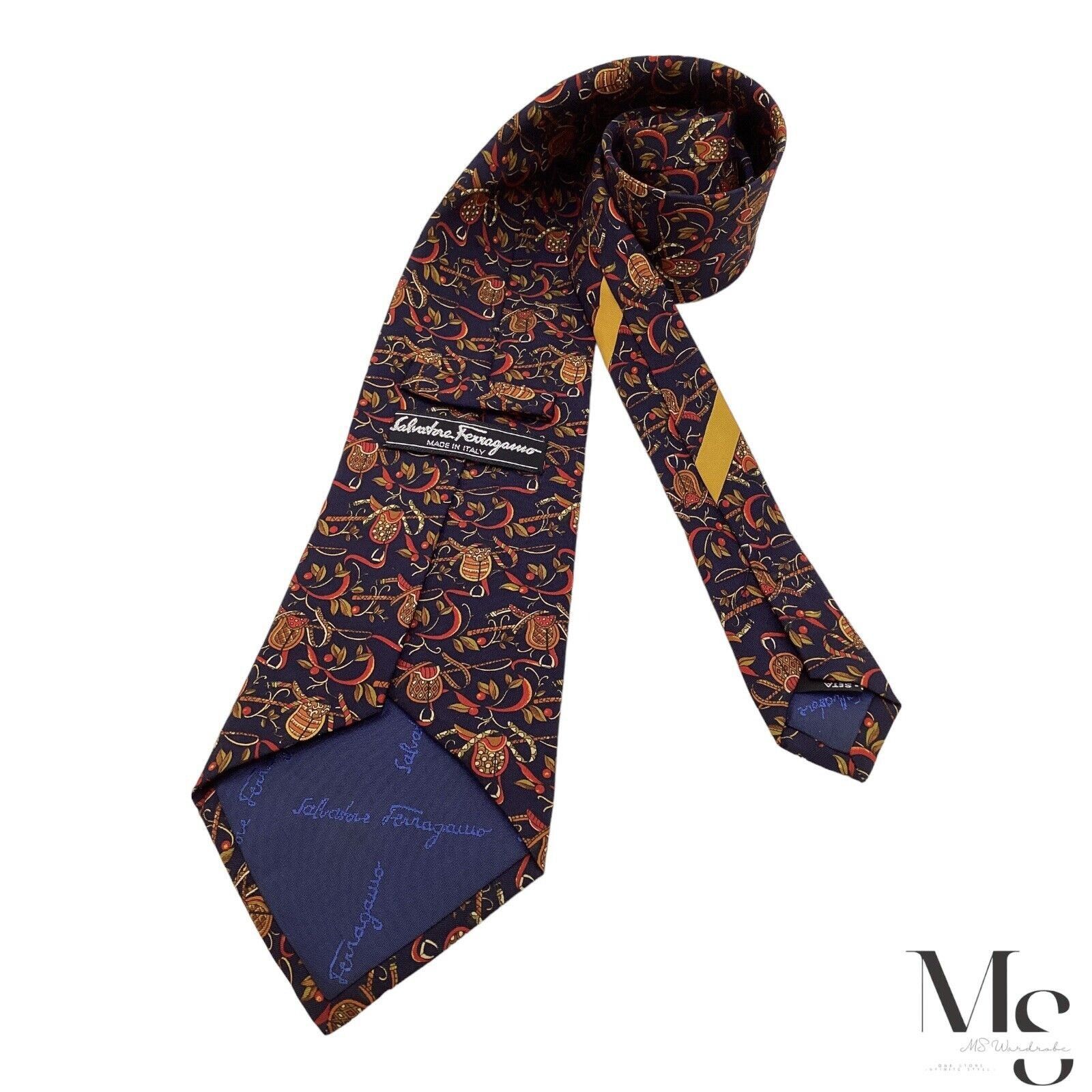 Salvatore Ferragamo Salvatore Ferragamo Navy Blue Saddle & fruit Silk Tie Italy Size ONE SIZE - 2 Thumbnail