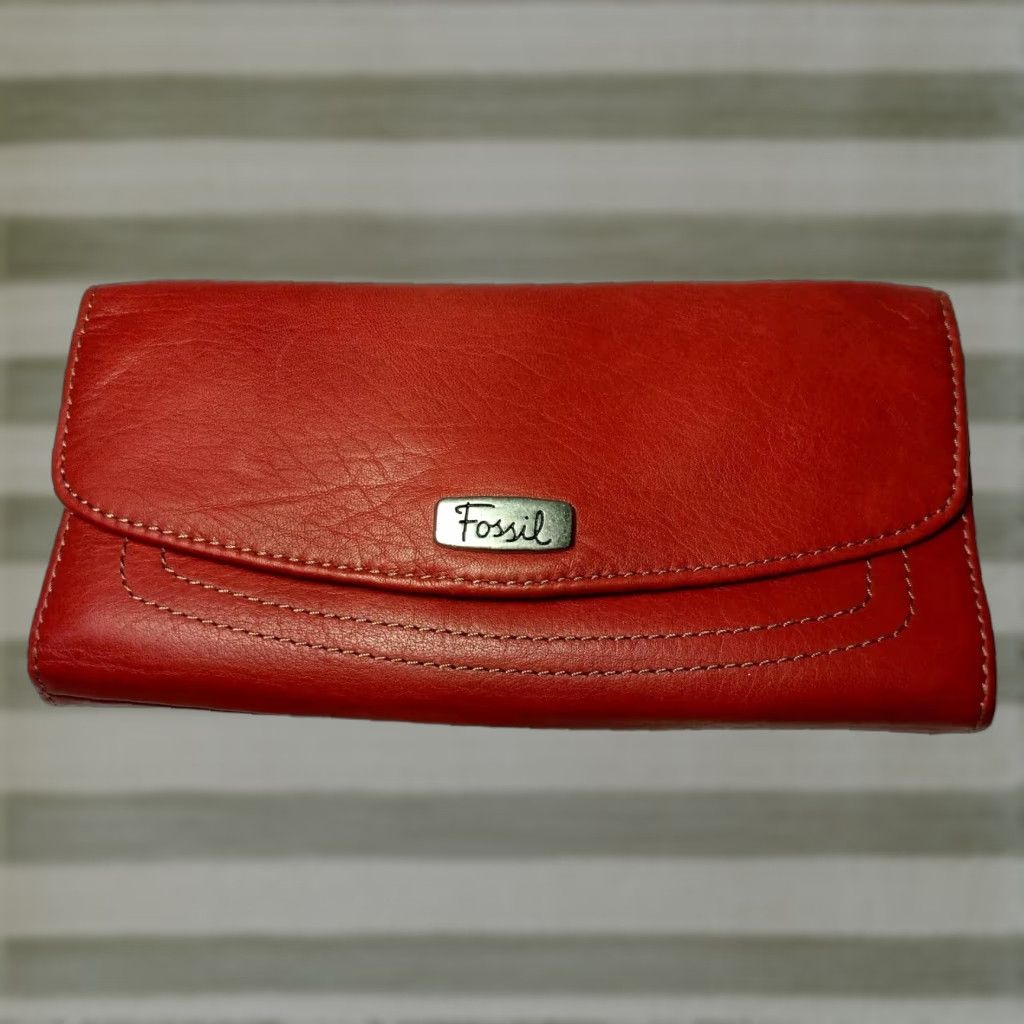 Fossil Fossil Wallet Tri-fold Red Leather 12 Card Slots Checkbook ID Window 2 Bill Slots Change Slot Zipper Works Womens Size ONE SIZE - 1 Thumbnail