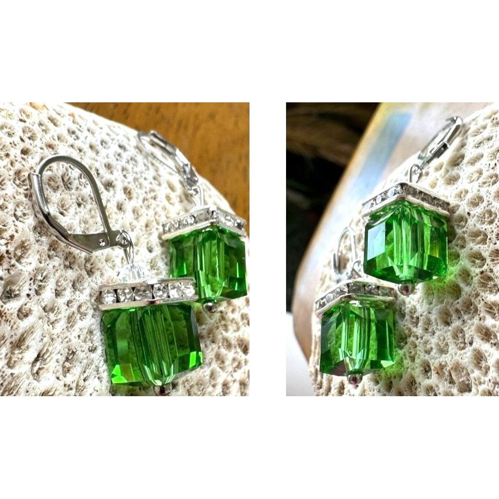 Designer × Handmade Light Emerald Earrings New Square Cube Rhinestones Wedding B Size ONE SIZE - 5 Thumbnail
