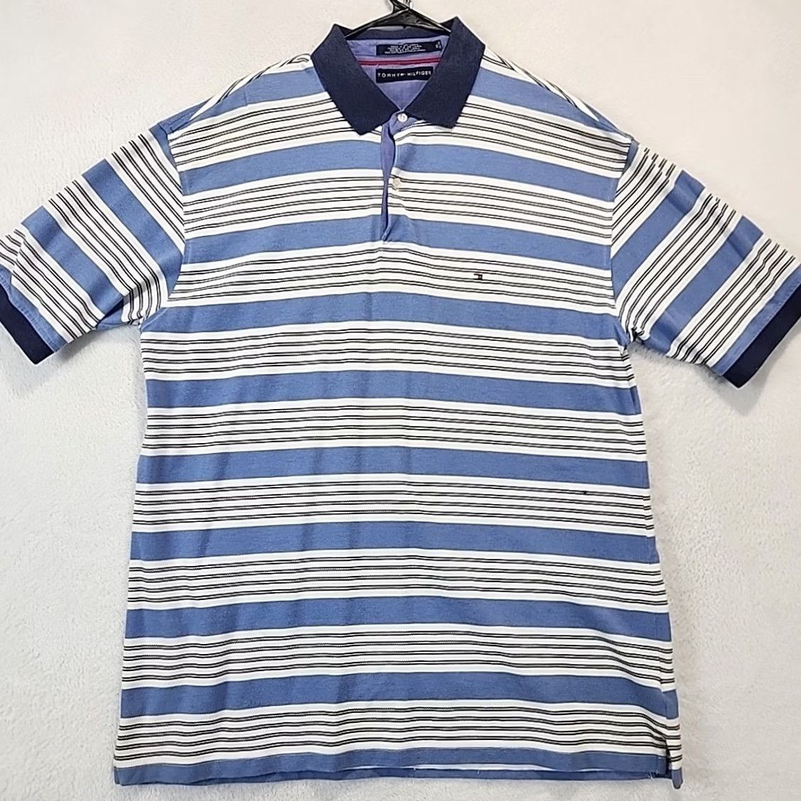Tommy Hilfiger VINTAGE Tommy Hilfiger Polo Shirt Men's XL Blue Horizontal Stripe Cotton Knit 90s Golf Logo Striped Short Sleeve Regular Mens Size US XL / EU 56 / 4 - 5 Thumbnail