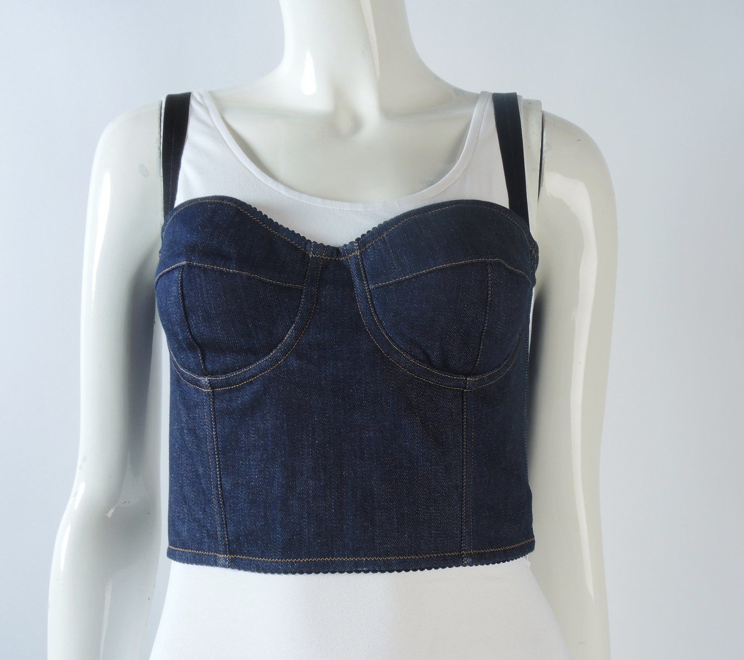 image of Dolce Gabbana O1Smst1Ft0424 Cropped Denim Bustier In Dark Wash Denim, Women's (Size Small)