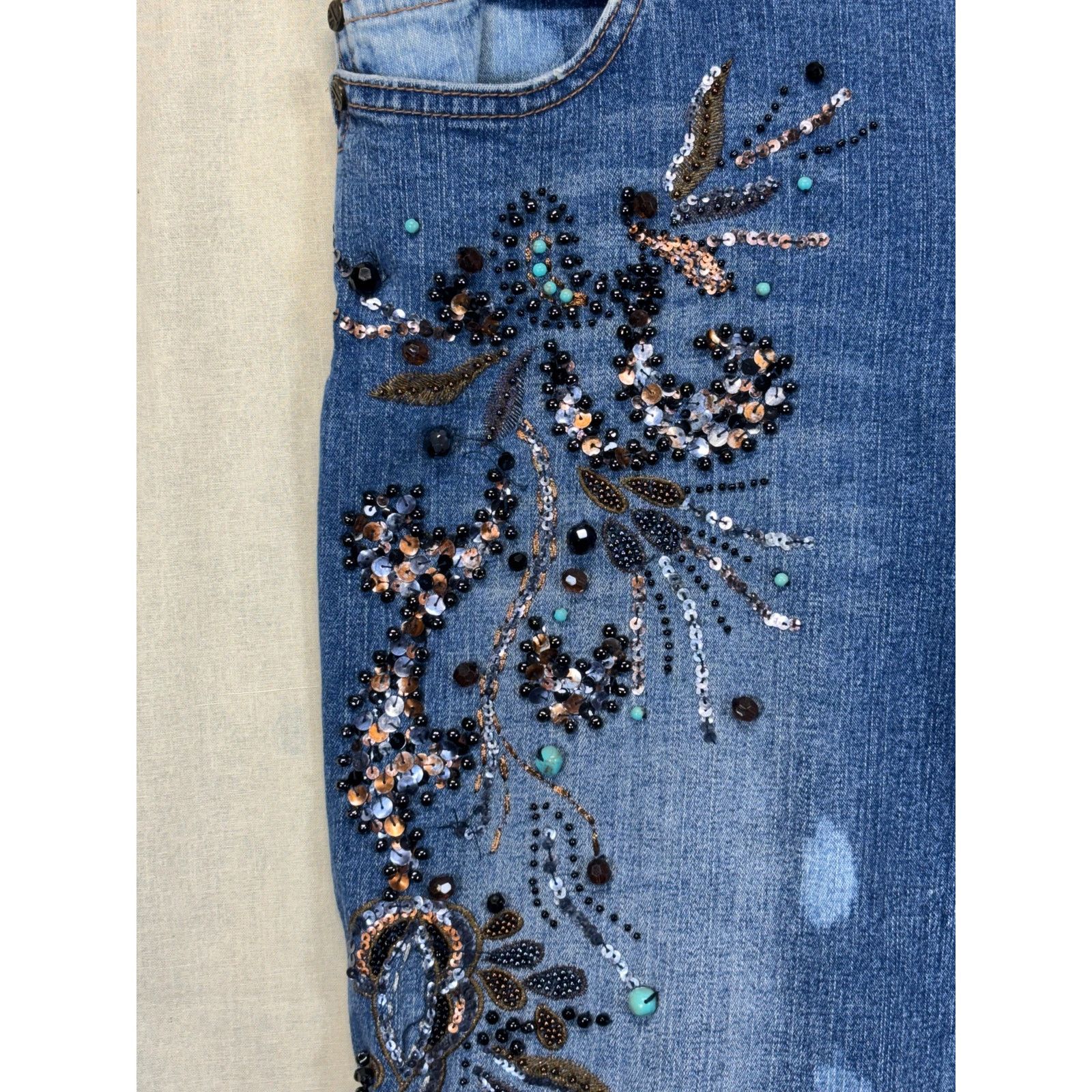 The Unbranded Brand Allen B Embellished Bootcut Jeans Blue Beaded Flare W32 Size 32" / US 10 / IT 46 - 9 Thumbnail