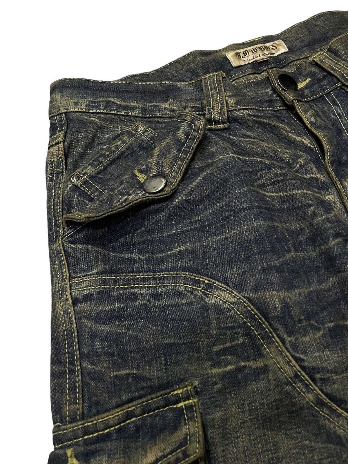 If Six Was Nine × LOWBOX × Le Grande Bleu (L.G.B.) Lowbox Japan Asymmetrical Mud Wash Flared Frayed Cargo Jeans Size US 30 / EU 46 - 11 Thumbnail