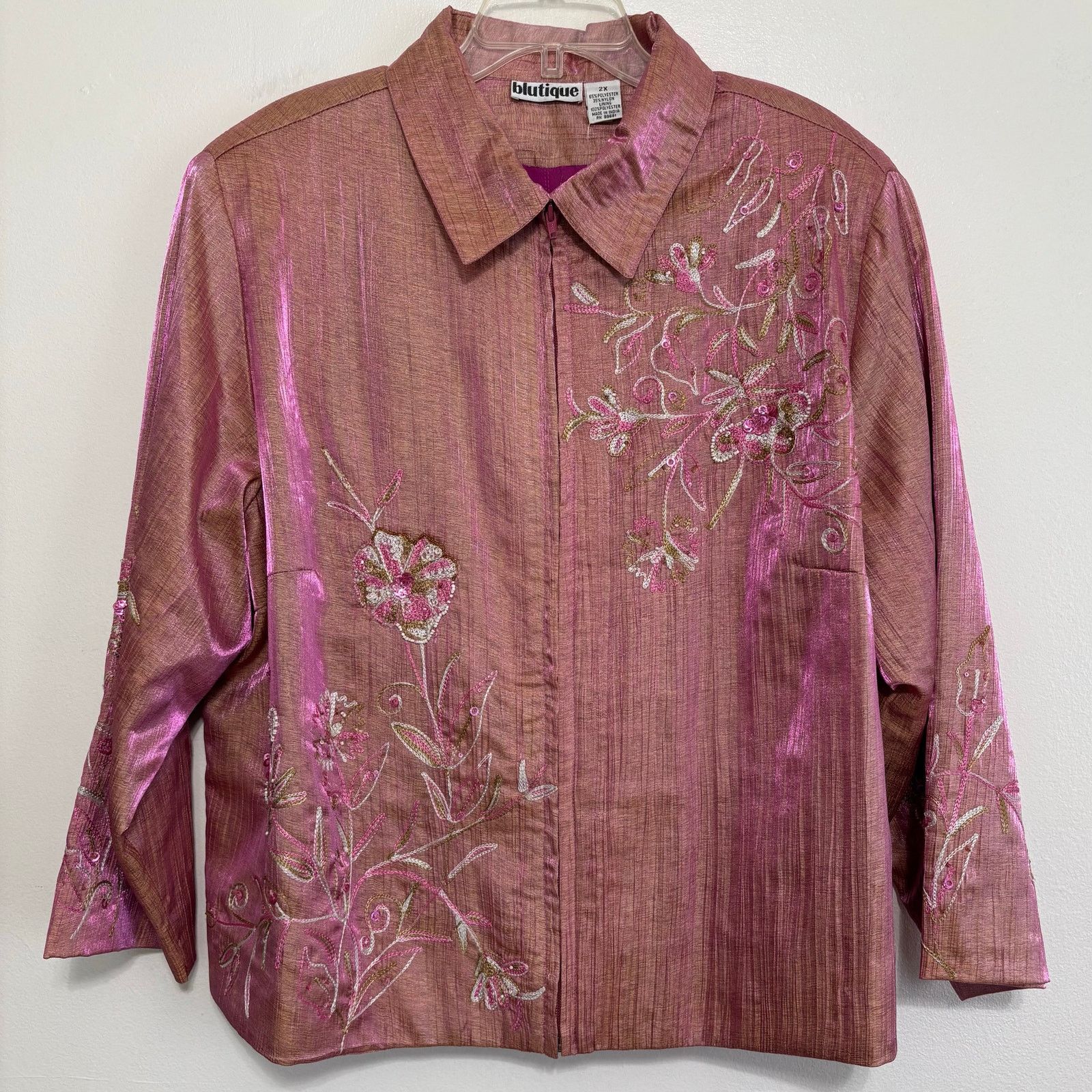 Other Blutique Rose Pink Shimmer Floral Embroidered Beaded Jacket Size XXL / US 16-18 / IT 52-54 - 1 Thumbnail