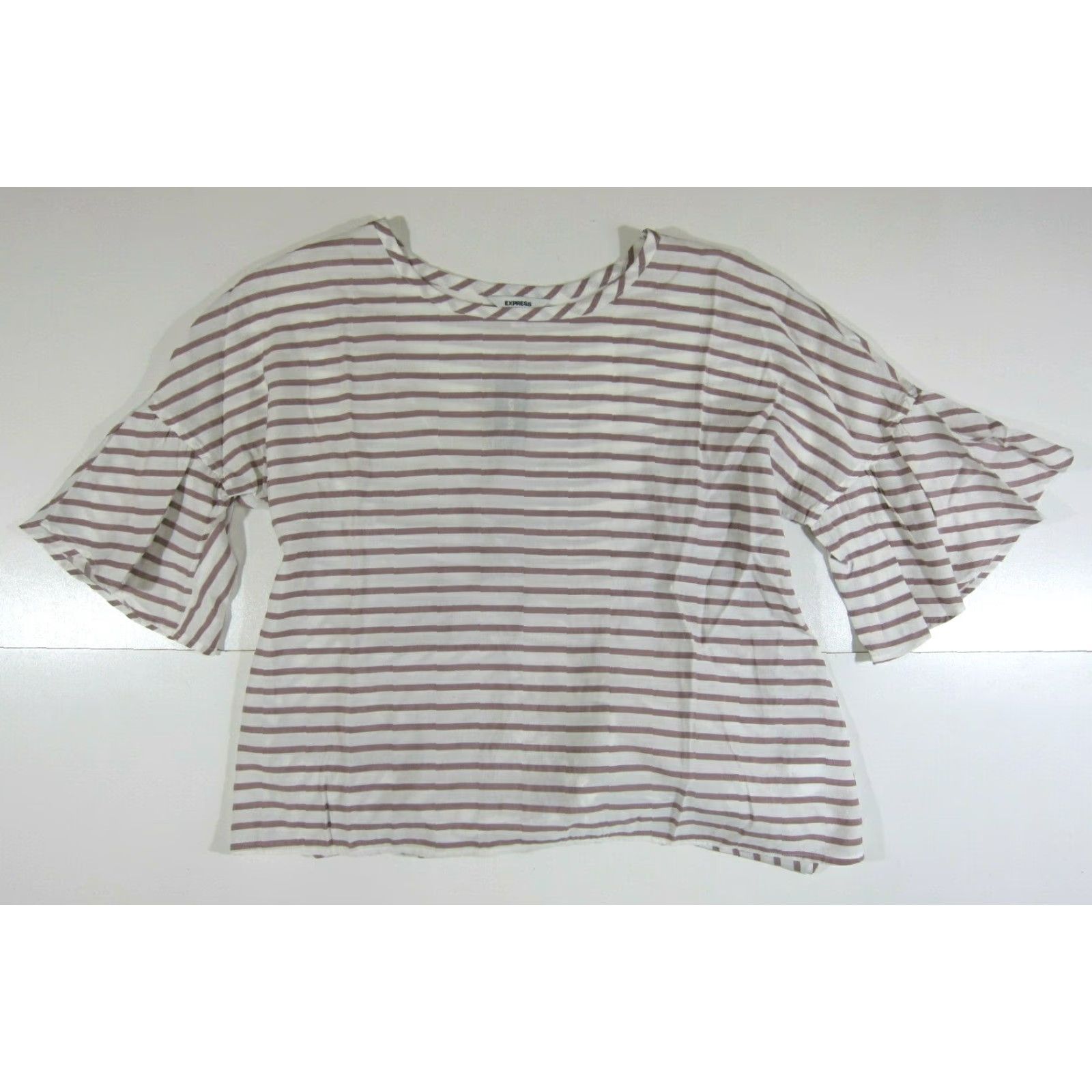 Express NWT Express Tunic Blouse Women Medium Stripe Flare Sleeve Rayon White Brown Size M / US 6-8 / IT 42-44 - 6 Thumbnail