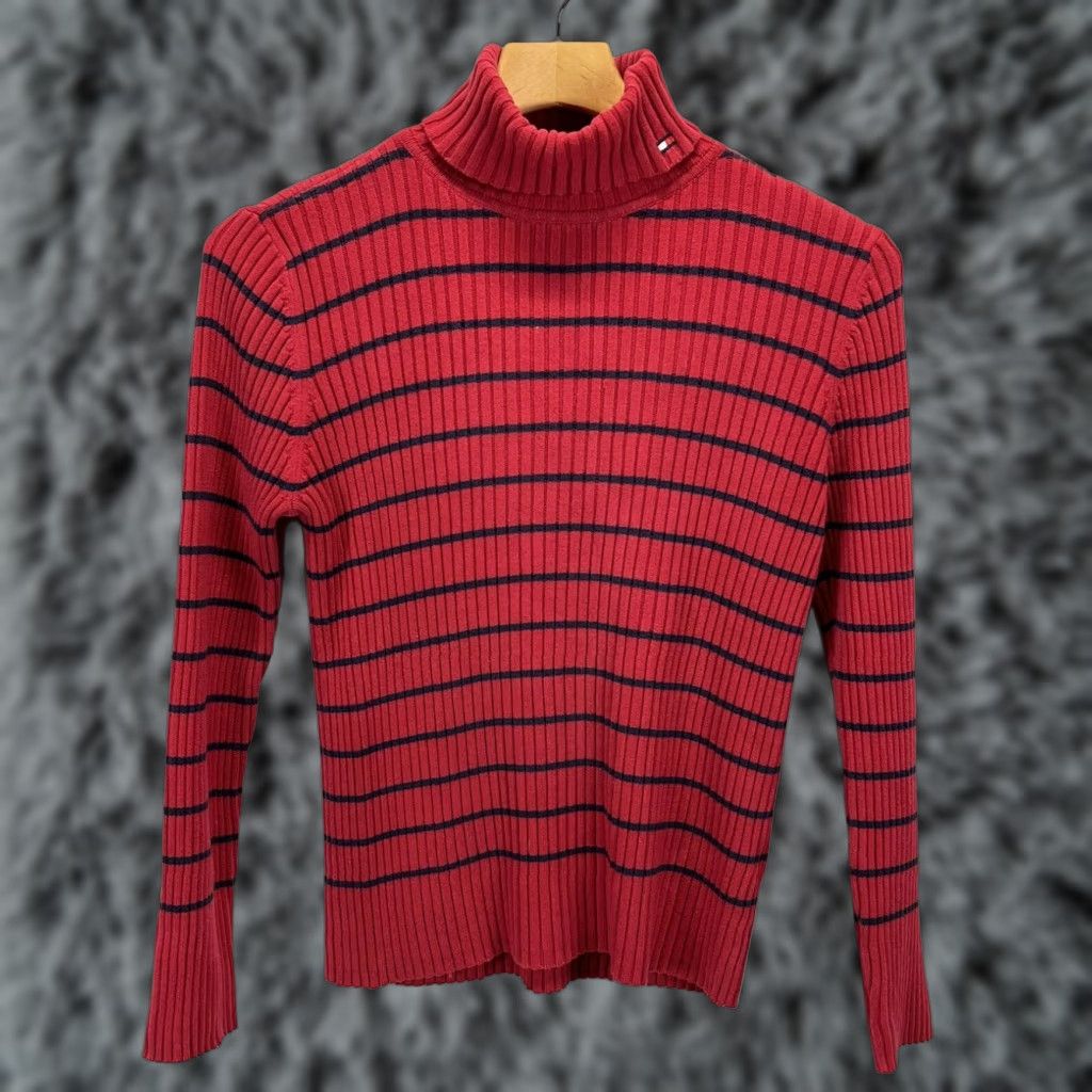 Tommy Hilfiger VINTAGE Tommy Hilfiger Sweater Long Sleeve Turtleneck Striped Red Womens Large 90s Size L / US 10 / IT 46 - 1 Thumbnail