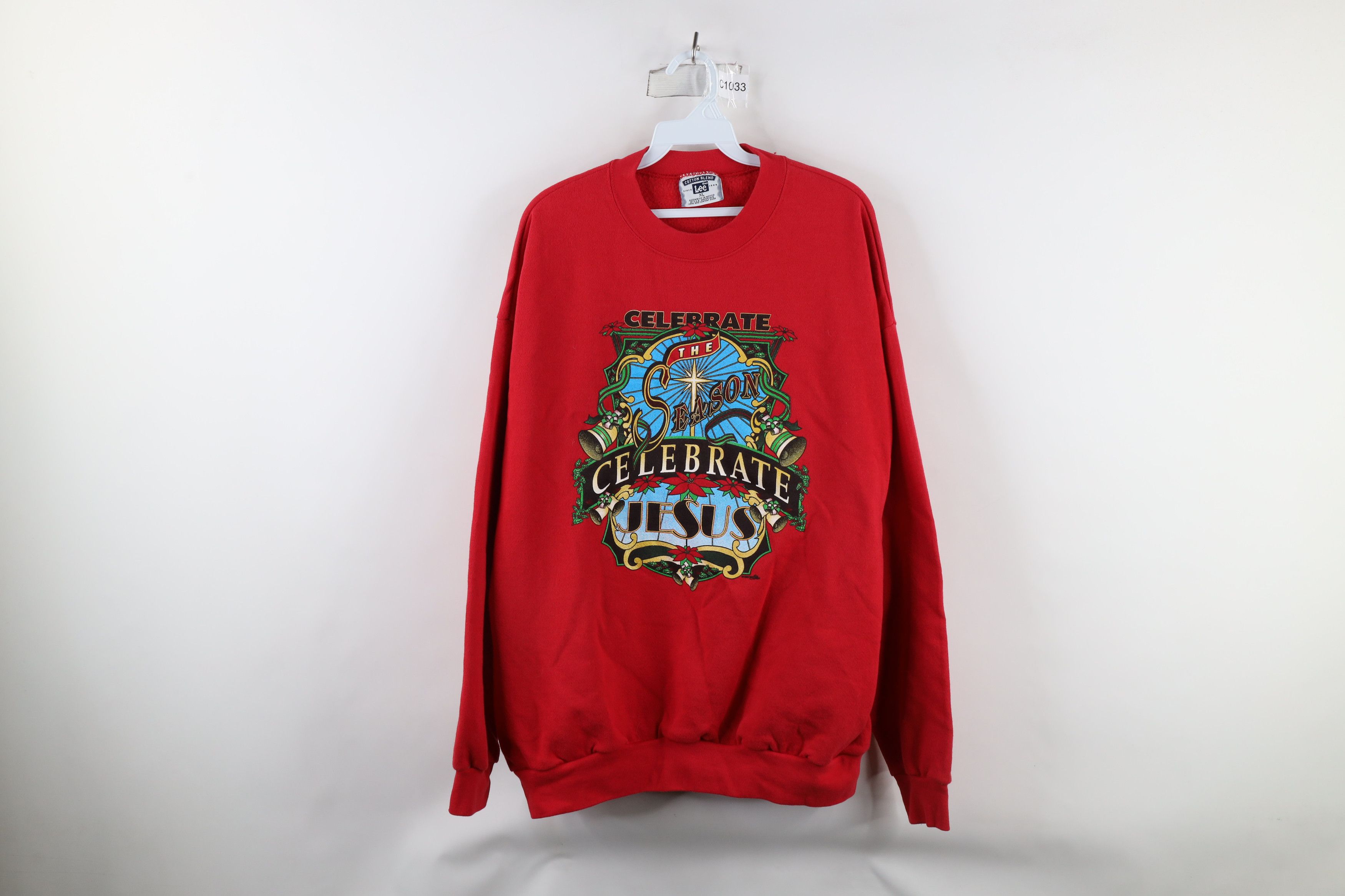 Vintage Vintage 90s Celebrate The Season Jesus Sweatshirt Red Size US XL / EU 56 / 4 - 1 Thumbnail