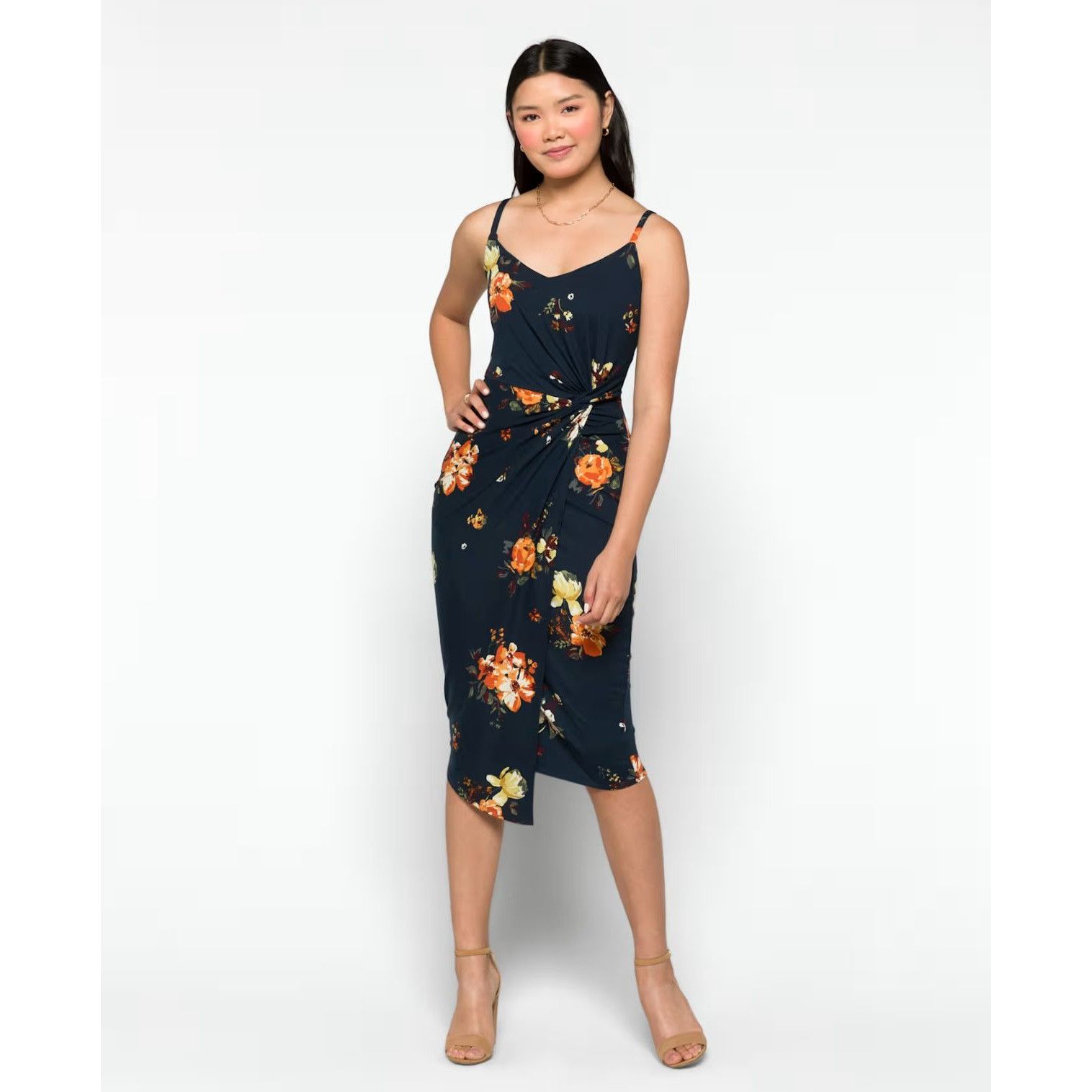 Other Nine Britton Vivienne Floral Navy Midi Dress Knot Detail Adj Size S / US 4 / IT 40 - 1 Thumbnail