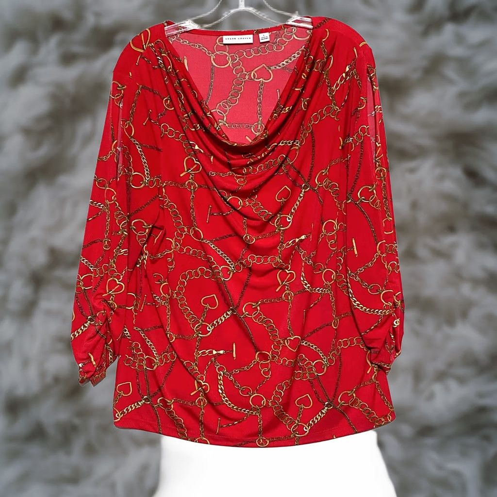 Vintage Susan Graver Red Blouse Top L Blouse Women Pullover Cowl Neck Liquid Knit Hearts Geometric Dressy Workwear Party/Cocktail Travel Mature Mens? Girls? Size L / US 10 / IT 46 - 1 Thumbnail