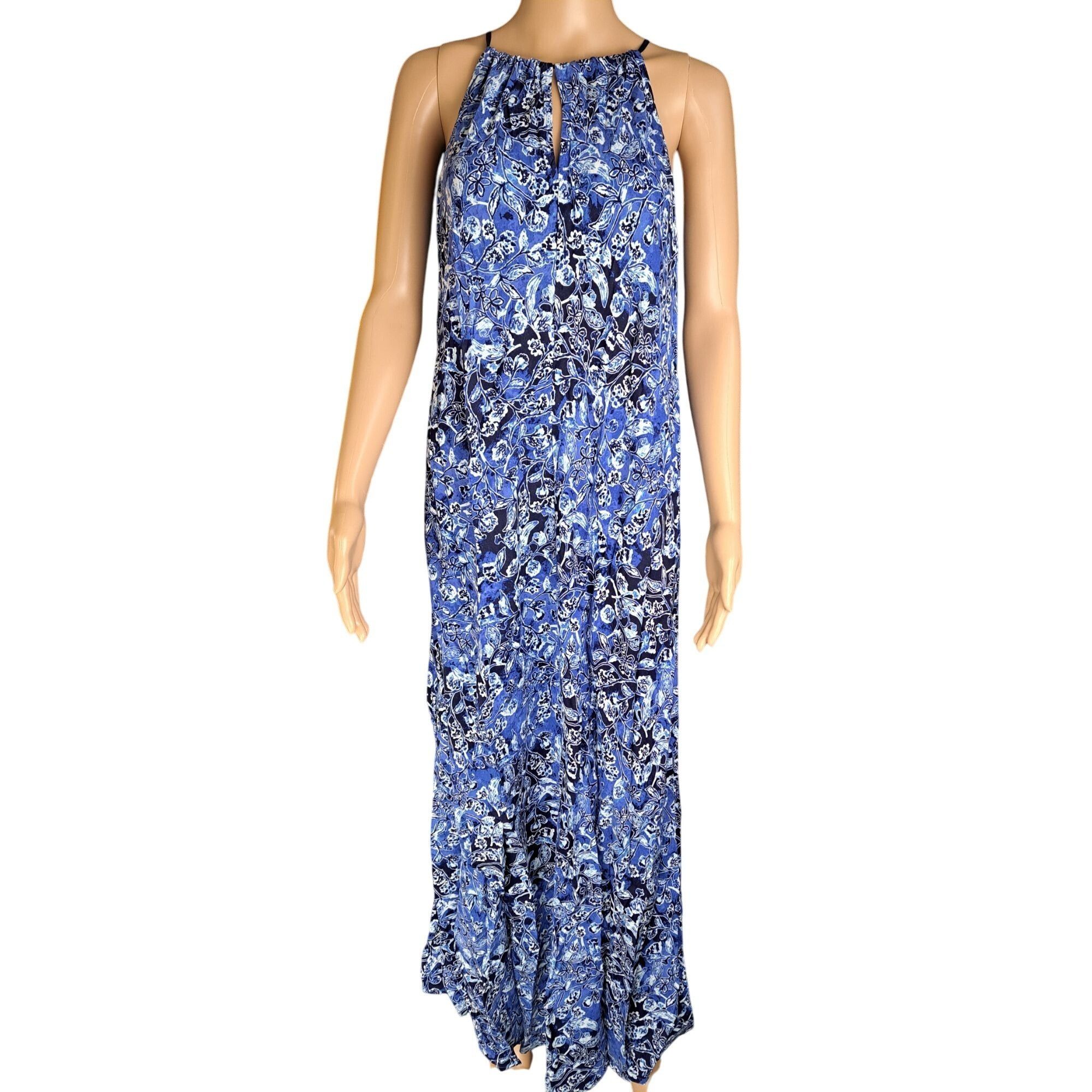 Lucky Brand Lucky Brand Blue Floral Halter Maxi Dress Adjustable Tassels Size L / US 10 / IT 46 - 6 Thumbnail