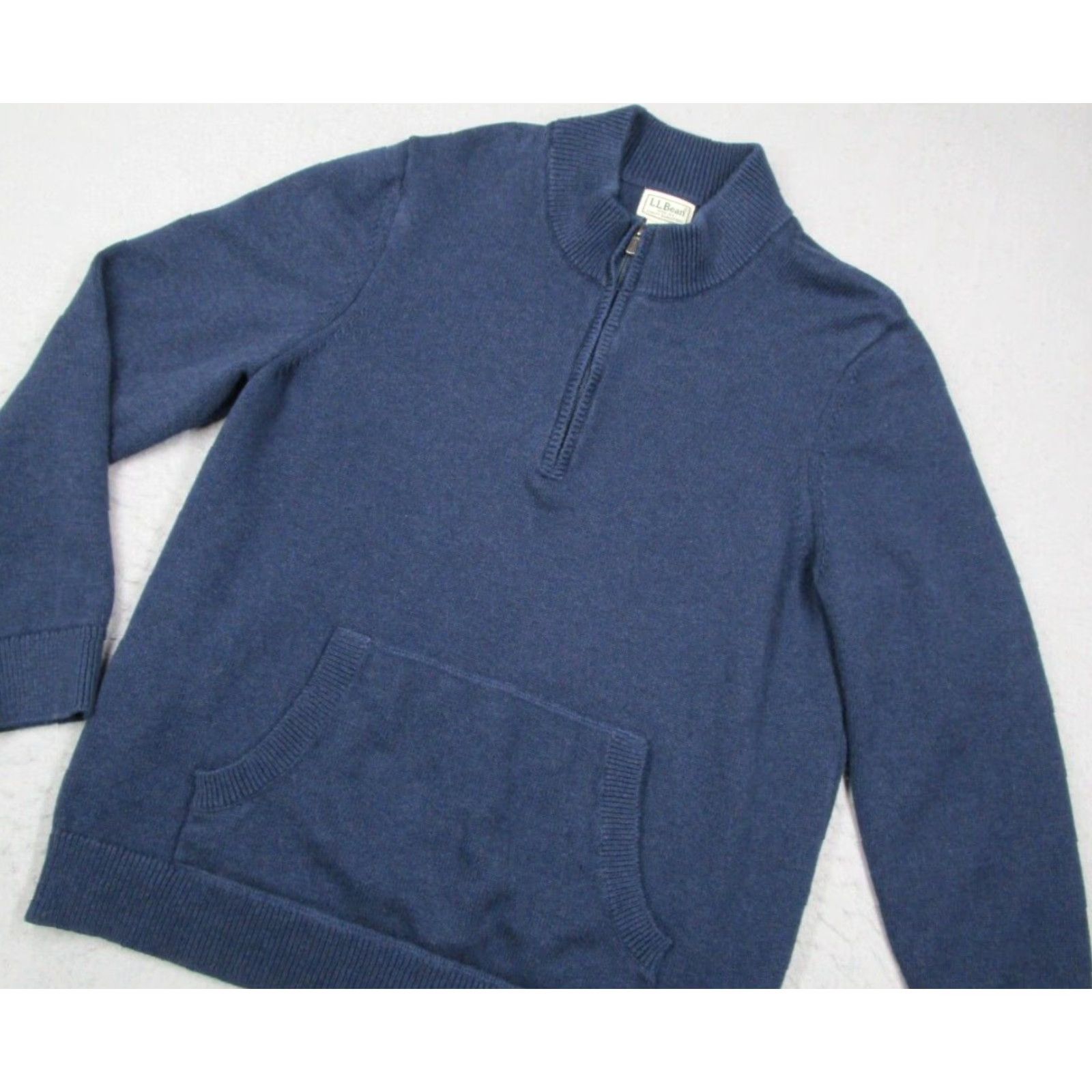 Vintage LL Bean Sweater Mens Large Blue 1/4 Zip Pullover Kangaroo Pocket Cotton Cashmere Blend Knit - Casual, Workwear, Travel - Regular Fit Mens Size US L / EU 52-54 / 3 - 2 Thumbnail
