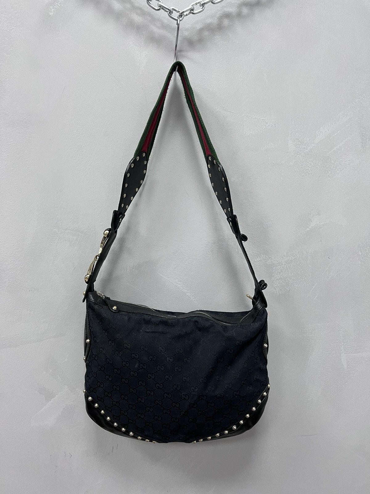 Gucci VINTAGE GUCCI GG SUPREME BLACK CANVAS STUDDED HOBO BAG Size ONE SIZE - 8 Thumbnail