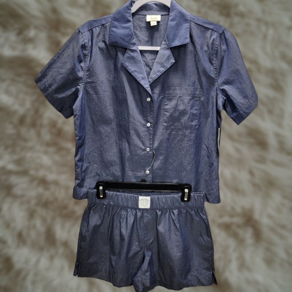 Vintage Jenni Womens Sleep 2 Pc Set Short Sleeve Top Shorts XS Blue Chambray Pajama Set World Size XS / US 0-2 / IT 36-38 - 1 Thumbnail