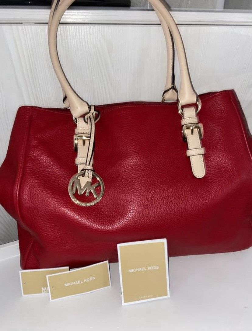Michael Kors Michael Kors Red Pebbled Leather Shoulder Bag with MK Charm Size ONE SIZE - 2 Thumbnail