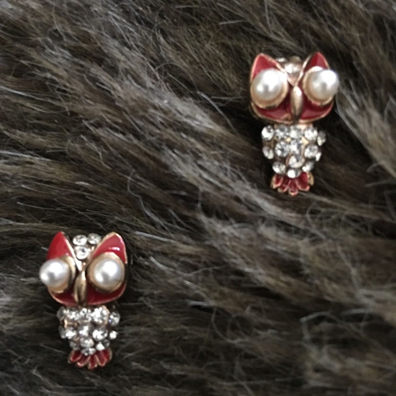 Vintage Vintage red enamel pearl rhinestone owl earrings Size ONE SIZE - 1 Thumbnail