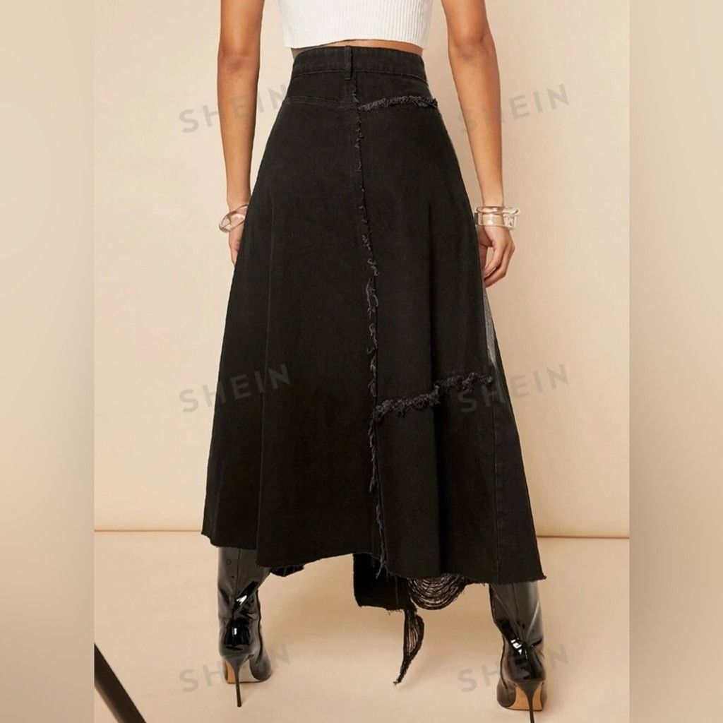 Other Ripped Asymmetrical Hem Denim Skirt Black & Silver Size 8 Size 30" / US 8 / IT 44 - 2 Thumbnail