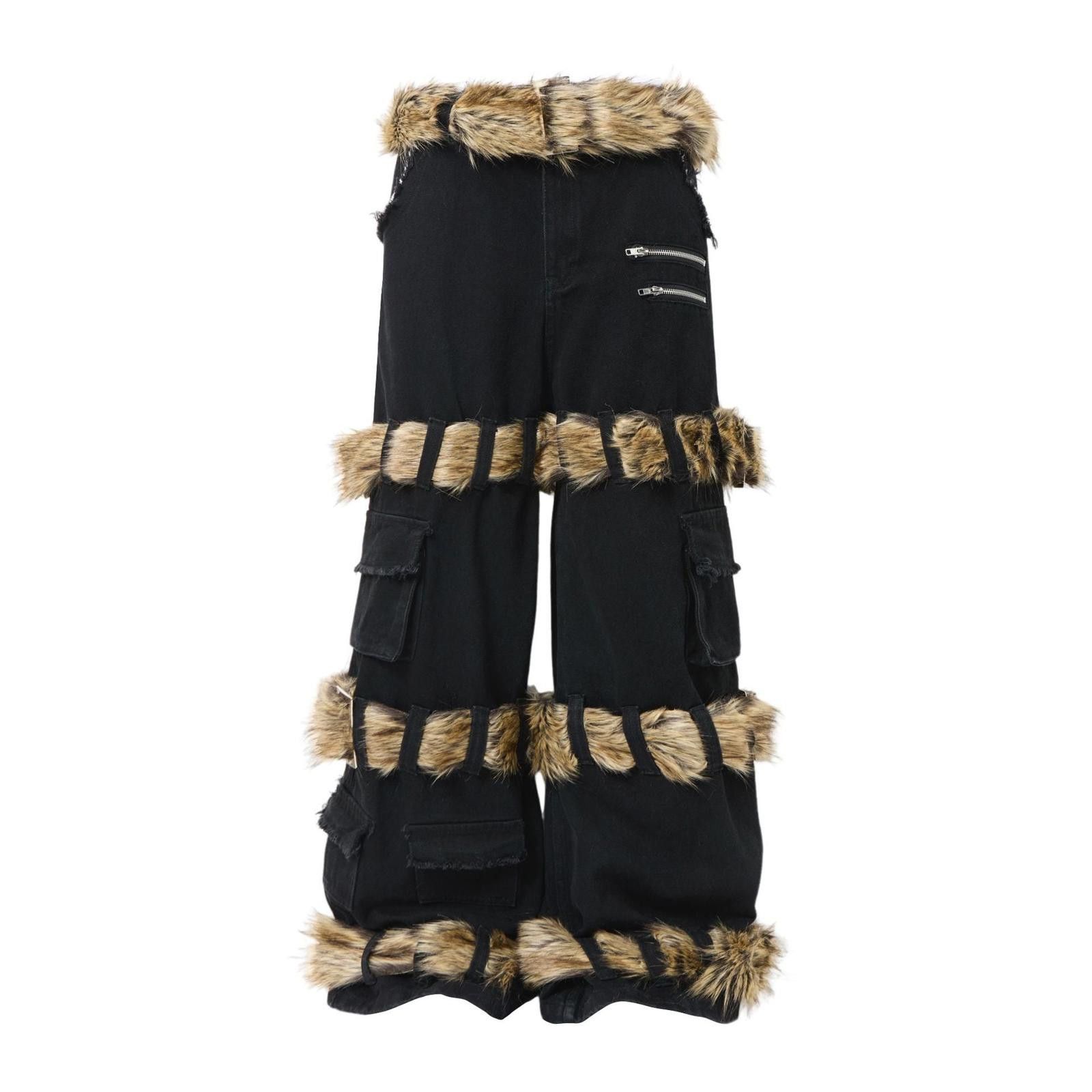 Japanese Brand Black Wide Leg Cargo Pants with Faux Fur Trim Size US 32 / EU 48 - 6 Thumbnail