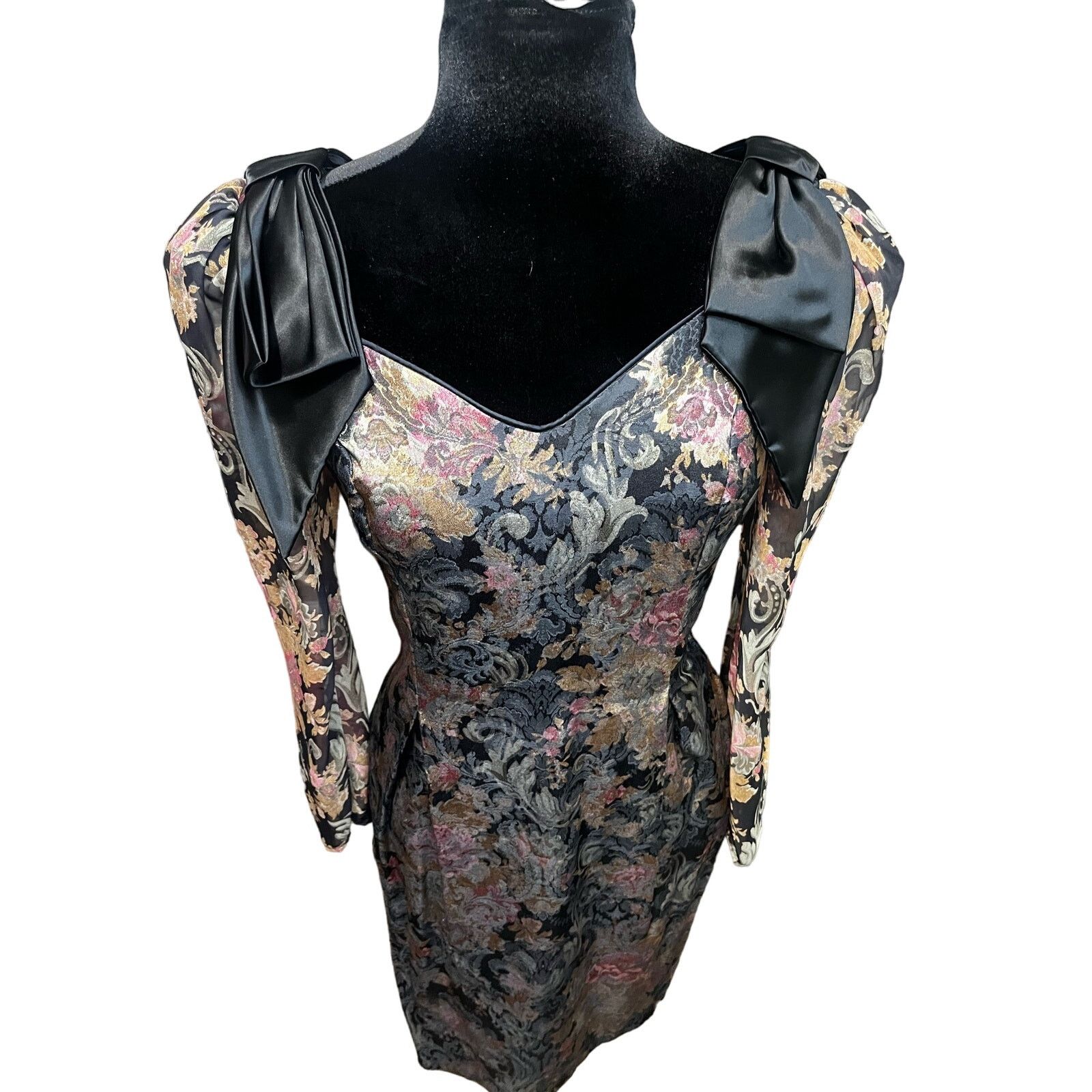 Vintage Vintage 80s Midnight Glo Black Bow Floral Mini Dress Small 8 Size S / US 4 / IT 40 - 3 Thumbnail