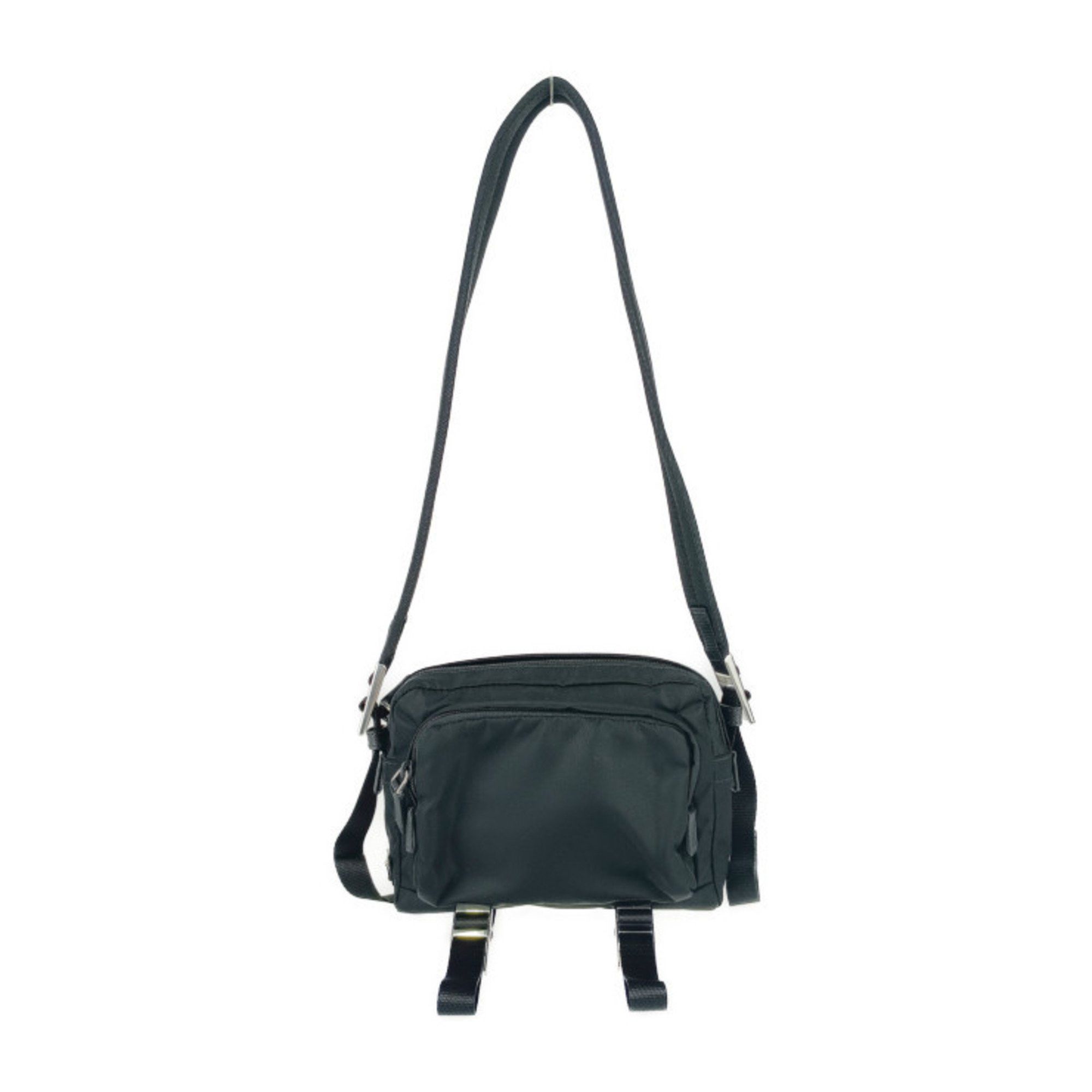 Prada Shoulder Bag Crossbody 2Vh043 Black Nylon Leather Men's Women's Pochette Triangle Plate