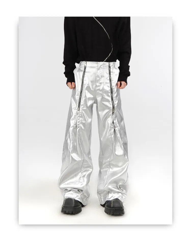 Silver Pu Leather Pants with Many Zippers Trousers