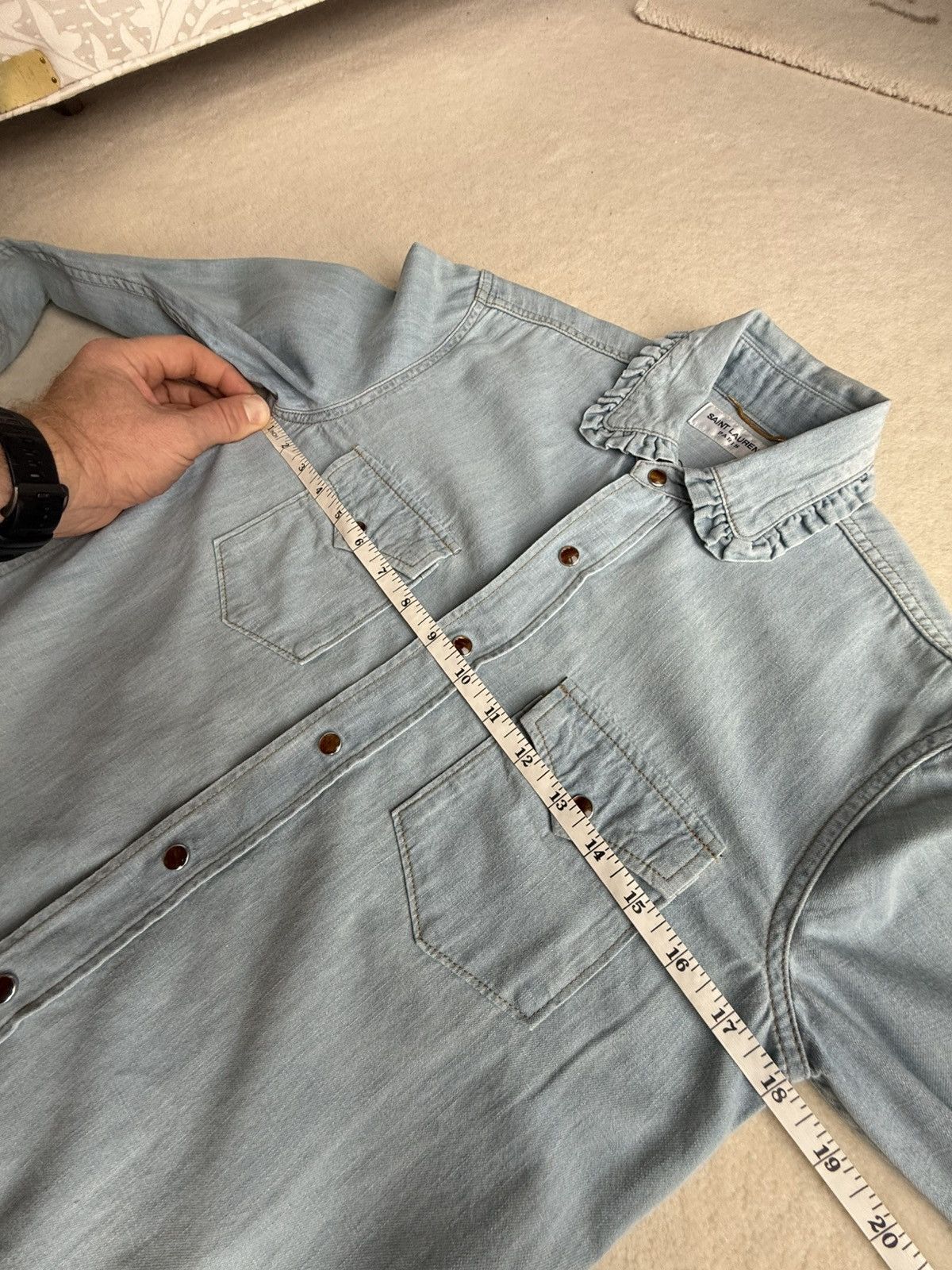 Saint Laurent Paris SS16 Saint Laurent ruffle collar blue denim shirt Hedi surf Size US S / EU 44-46 / 1 - 2 Thumbnail