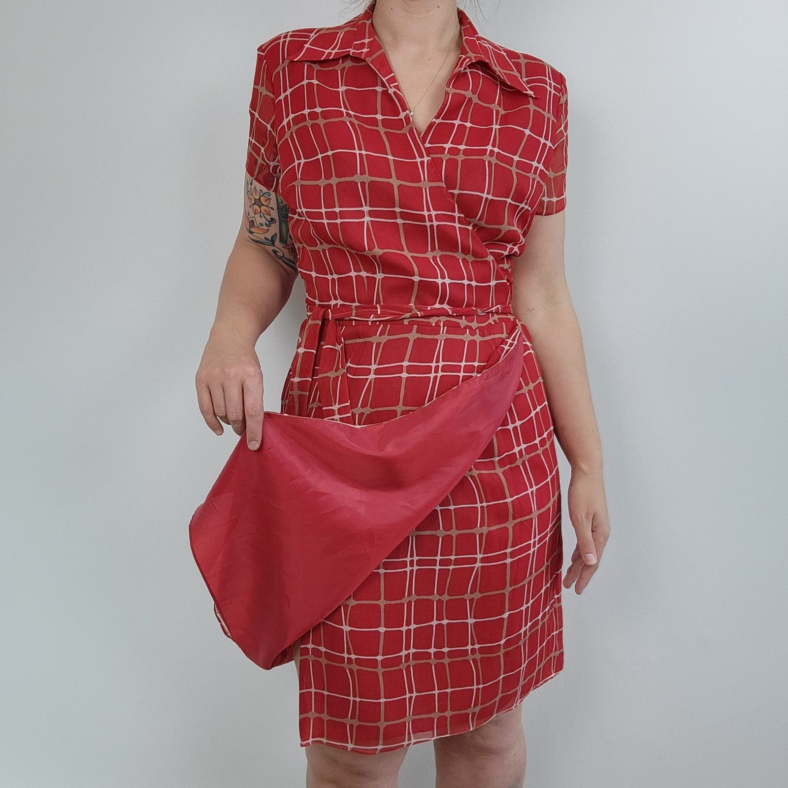 Other Silk 90s Wrap Dress Plaid Short Sleeve Checked Midi Red M Size M / US 6-8 / IT 42-44 - 5 Thumbnail