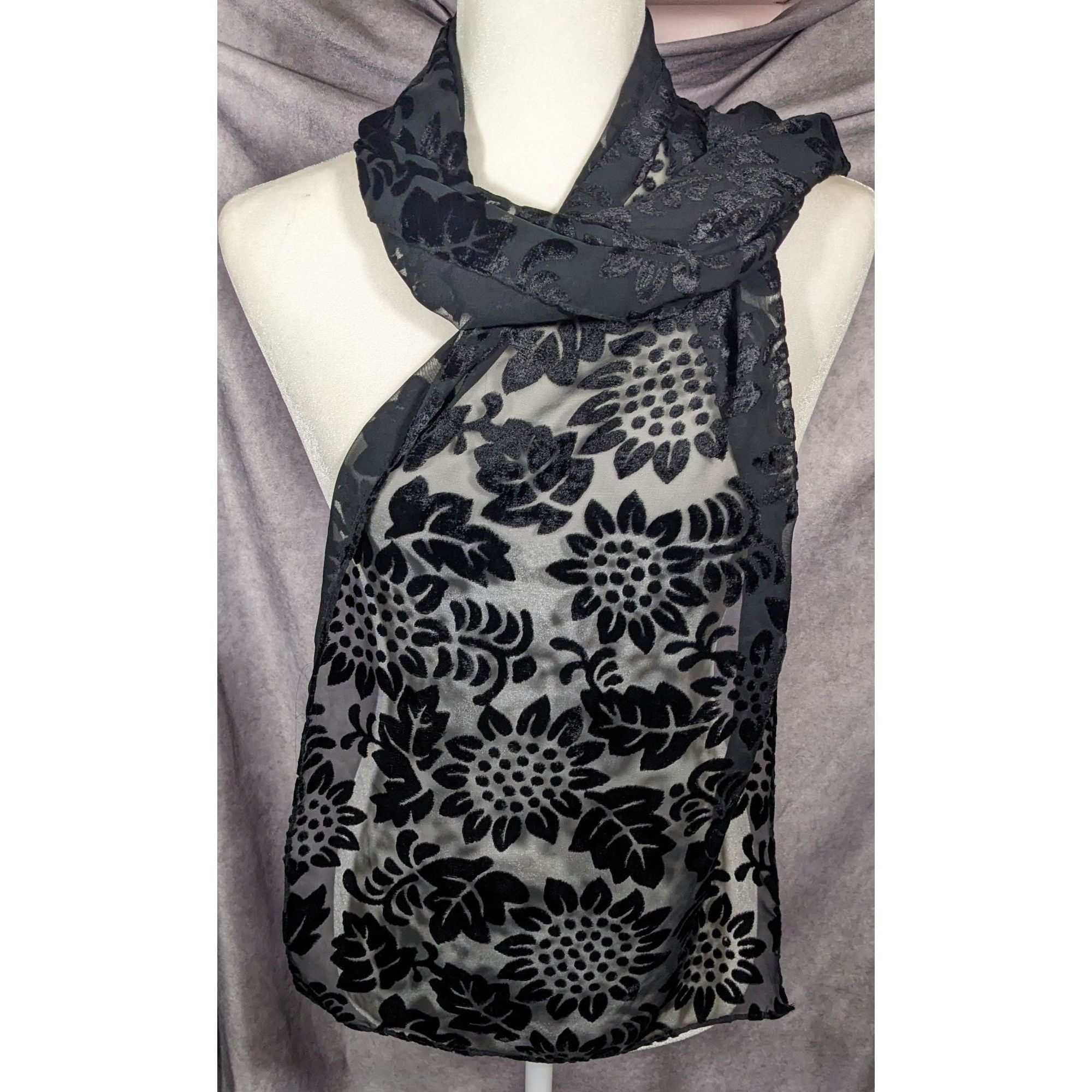 Other Gothic Floral Black Velvet Burnout Scarf Size ONE SIZE - 7 Thumbnail