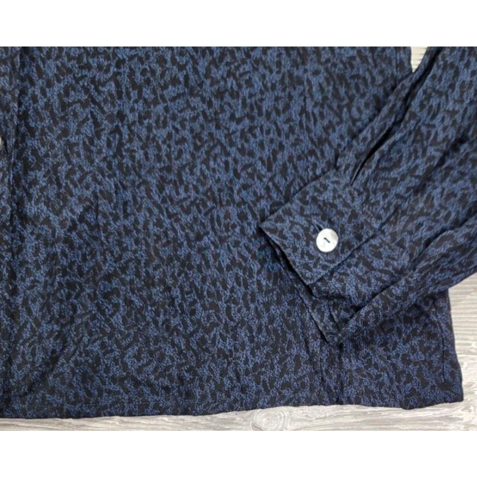 Zanella Zanella Women Button Up Top 10 Blue Black Cheetah Print Sheer Long Sleeve Italy Shirt Adult 10 Blue Black Cheetah Print Button-Up Zanella Women Size L / US 10 / IT 46 - 6 Thumbnail