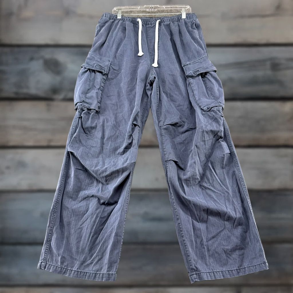 H&M H&M Pants Mens M Blue Cargo Loose Fit Drawstring Herringbone Baggy Military Wide-Leg Casual Workwear 90s Size US 31 - 1 Thumbnail