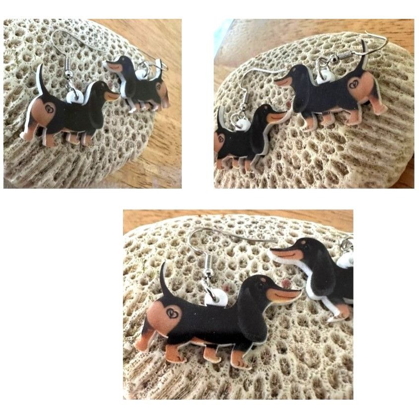 Handmade Dachshund Earrings New Dangle Hooks Double Sided Black Tan W Size ONE SIZE - 12 Thumbnail