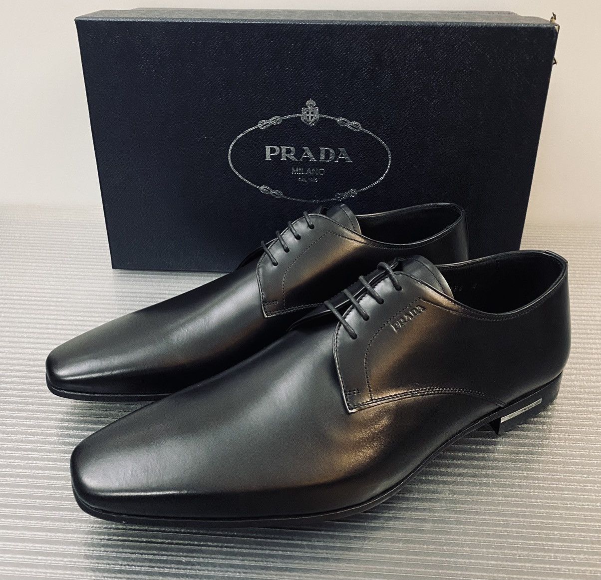 Prada Prada 🇮🇹 Nero calfskin logo ornamented stack heel derby 9 NEW Size US 9 / EU 42 - 1 Thumbnail